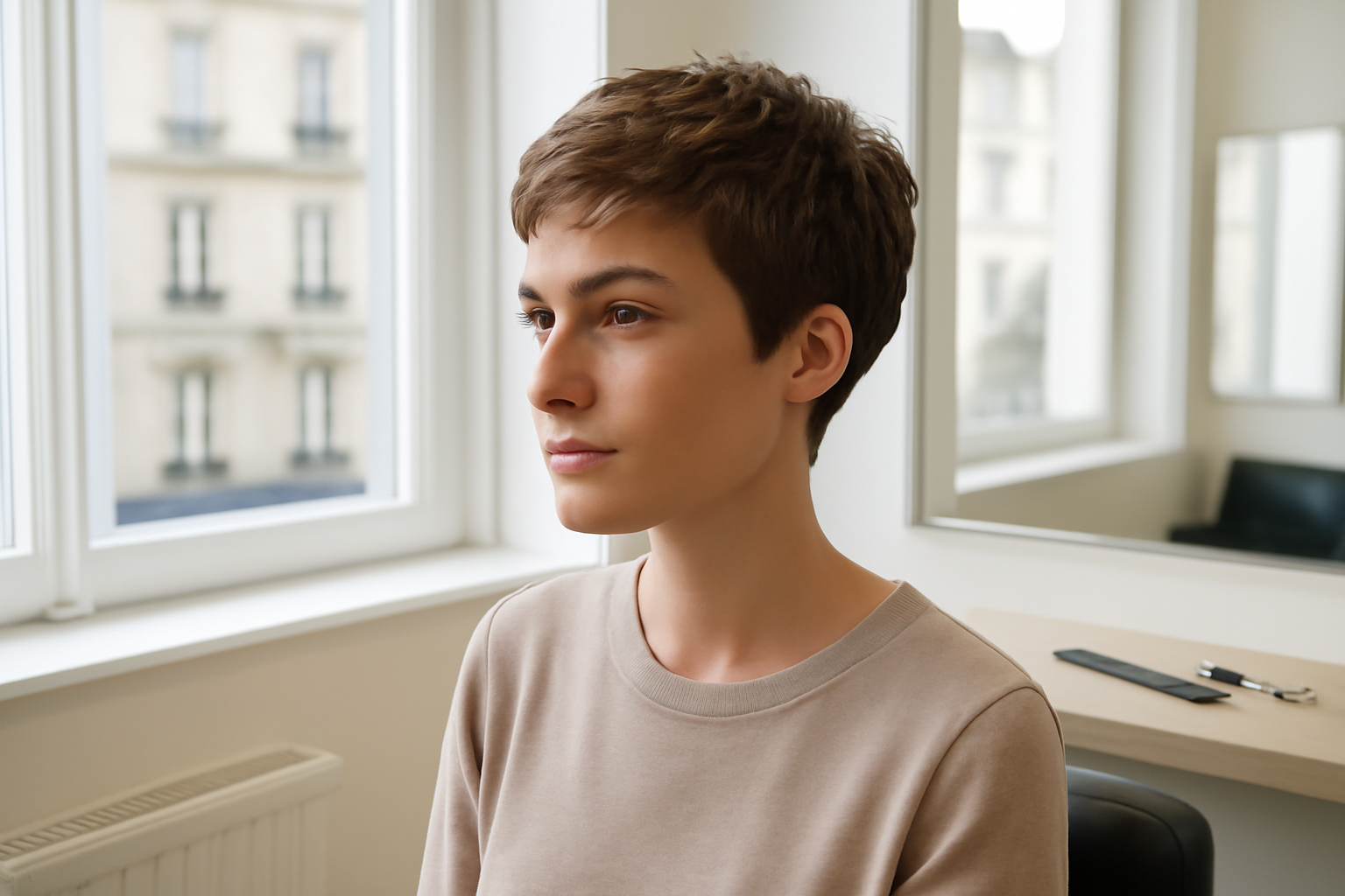 coiffure courte femme moderne pixie texturée en lumière naturelle