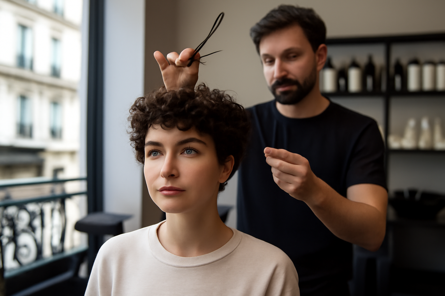 Coupe courte frisée femme coiffée au naturel, lumière douce, miroir de salon