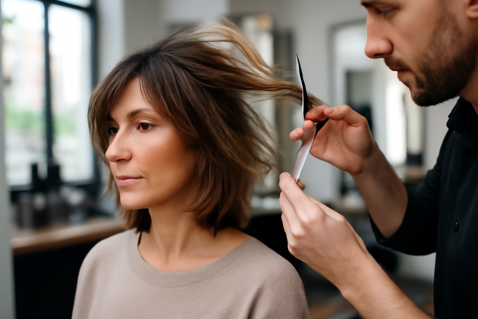 coupe dégradée femme mi-long avec mèches texturisées en lumière naturelle