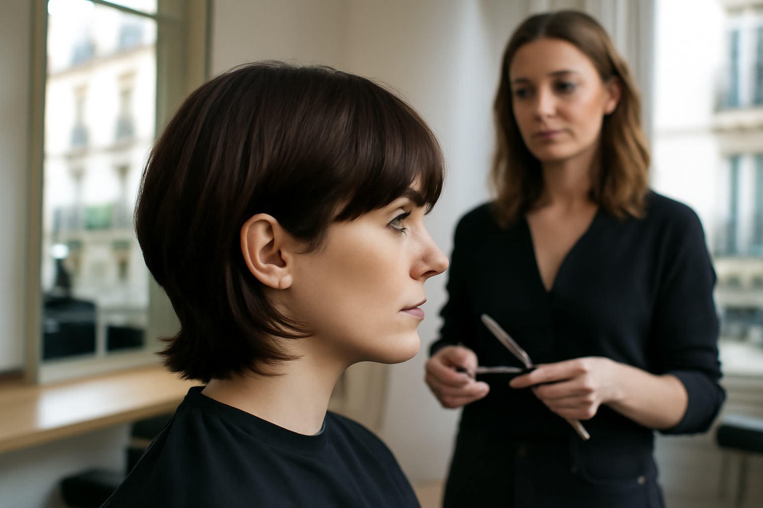 coupe effilée mi long sur cheveux bruns, contours adoucis et mouvement naturel en lumière naturelle