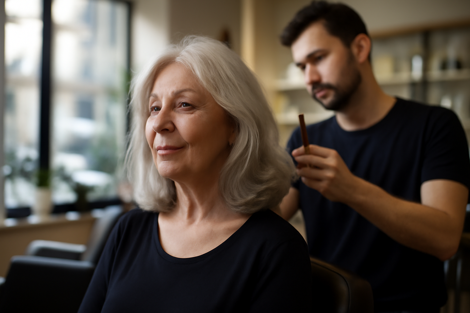 Coupe femme 60 ans : femme aux cheveux mi-longs texturés, lumière naturelle en salon de coiffure