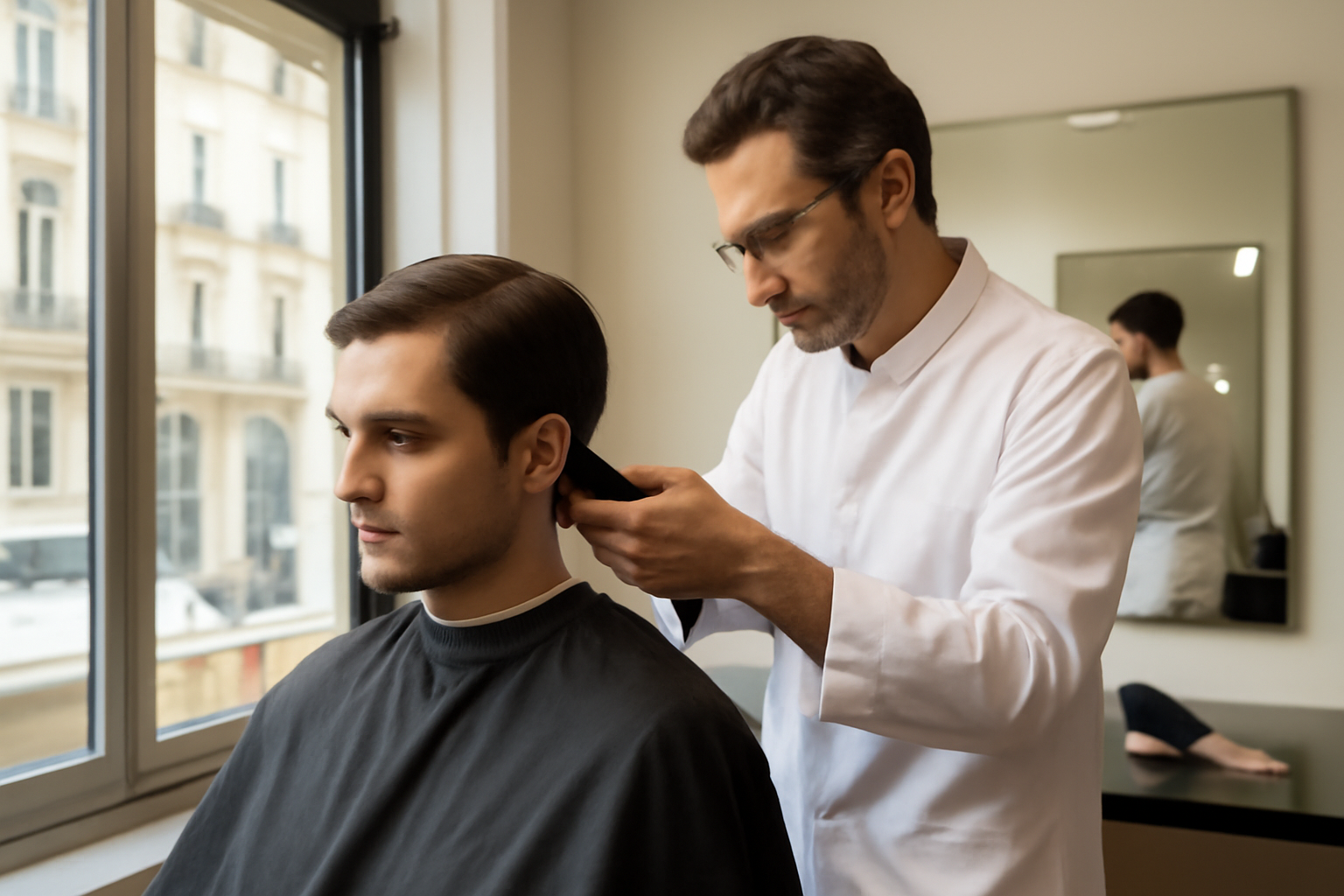 coupe homme lisse : coiffeur ajustant un dégradé low fade sur cheveux raides