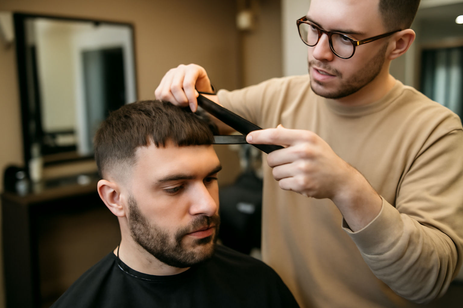 coupe moderne homme French crop texturée frange courte mate dans un salon