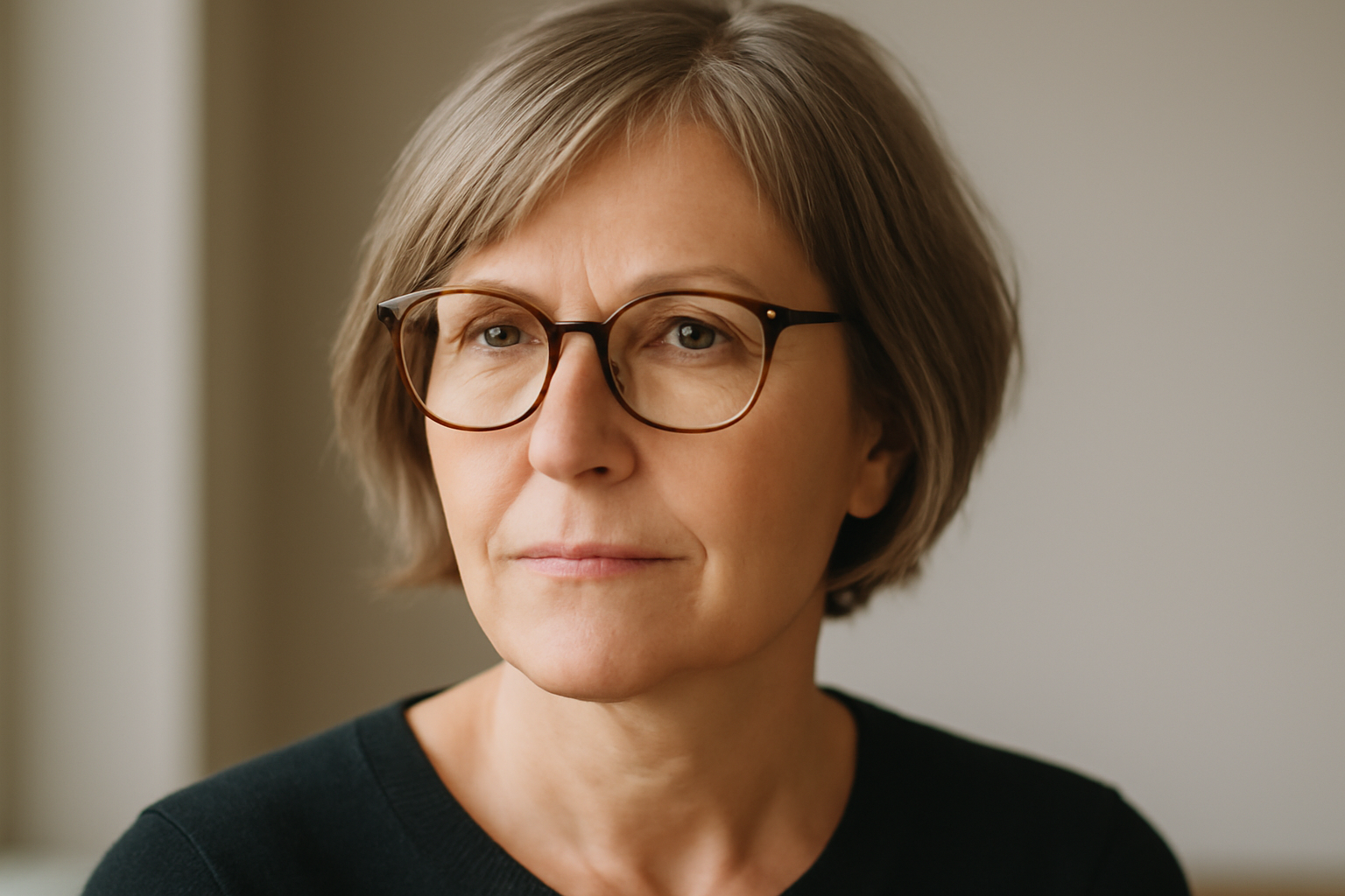 coupes courtes femmes 50 ans lunettes : carré court dégradé et lunettes modernes, photo réaliste en lumière naturelle