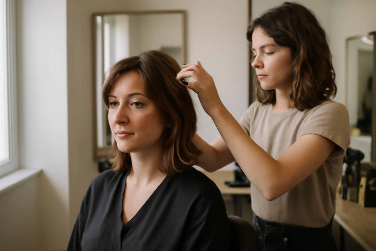 Femme portant un dégradé femme mi long avec frange rideau, lumière naturelle en salon de coiffure