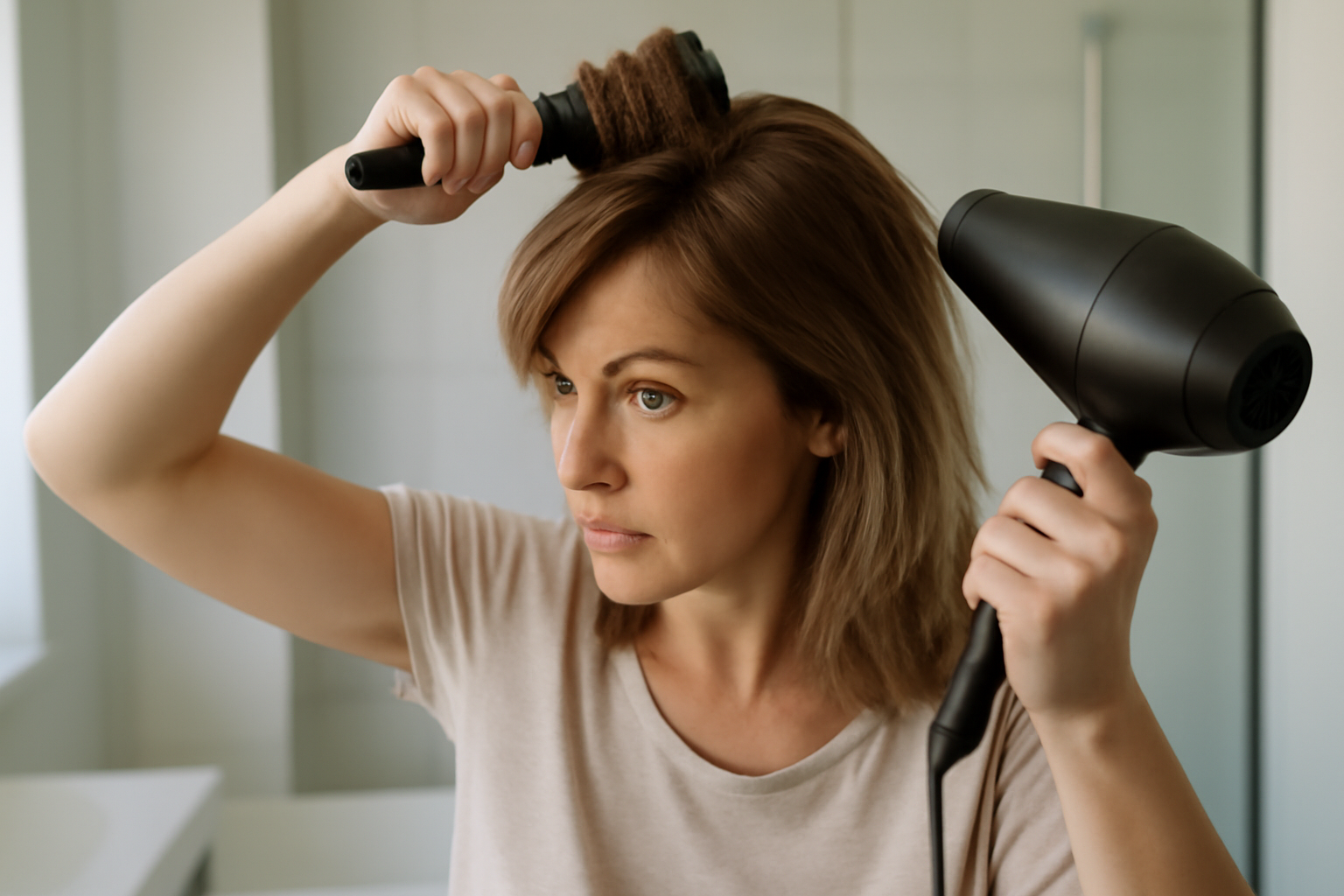 Coiffage d’un dégradé mi long sur cheveux fins avec brushing léger à la racine