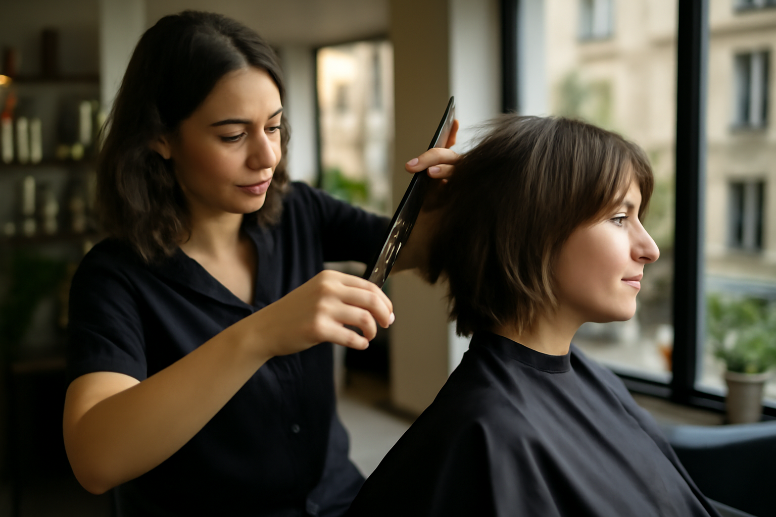 effilé cheveux mi long : coiffeur ajustant une coupe mi-longue effilée sur cheveux bruns, lumière naturelle, salon moderne