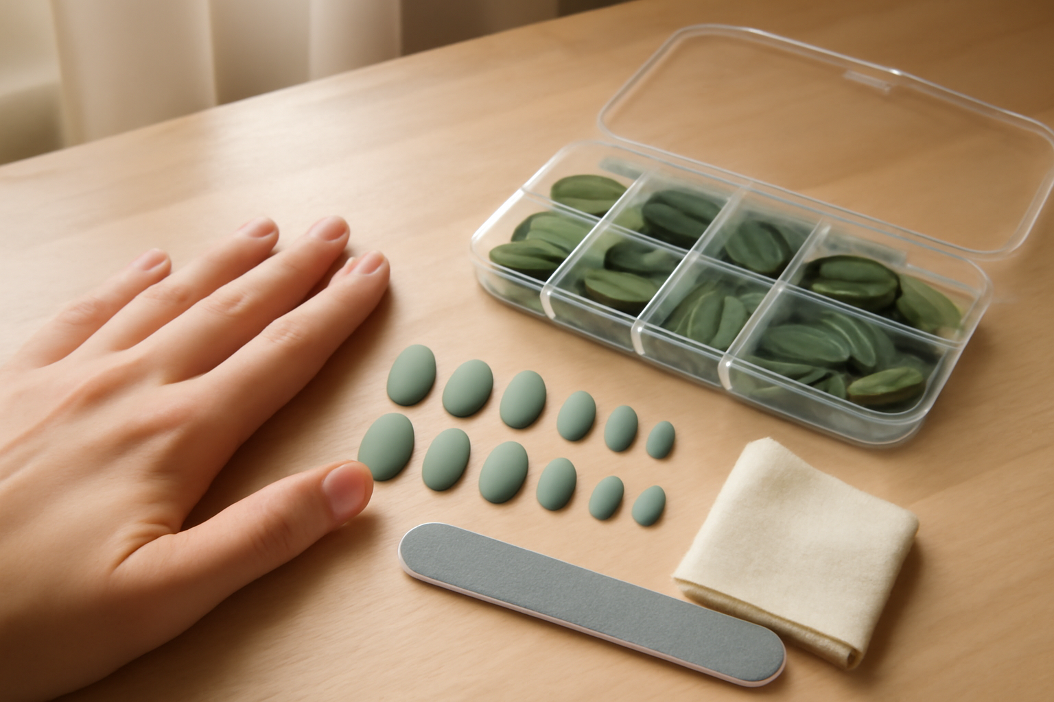 Faux ongles vert press-on élégants sur table de manucure, lumière naturelle