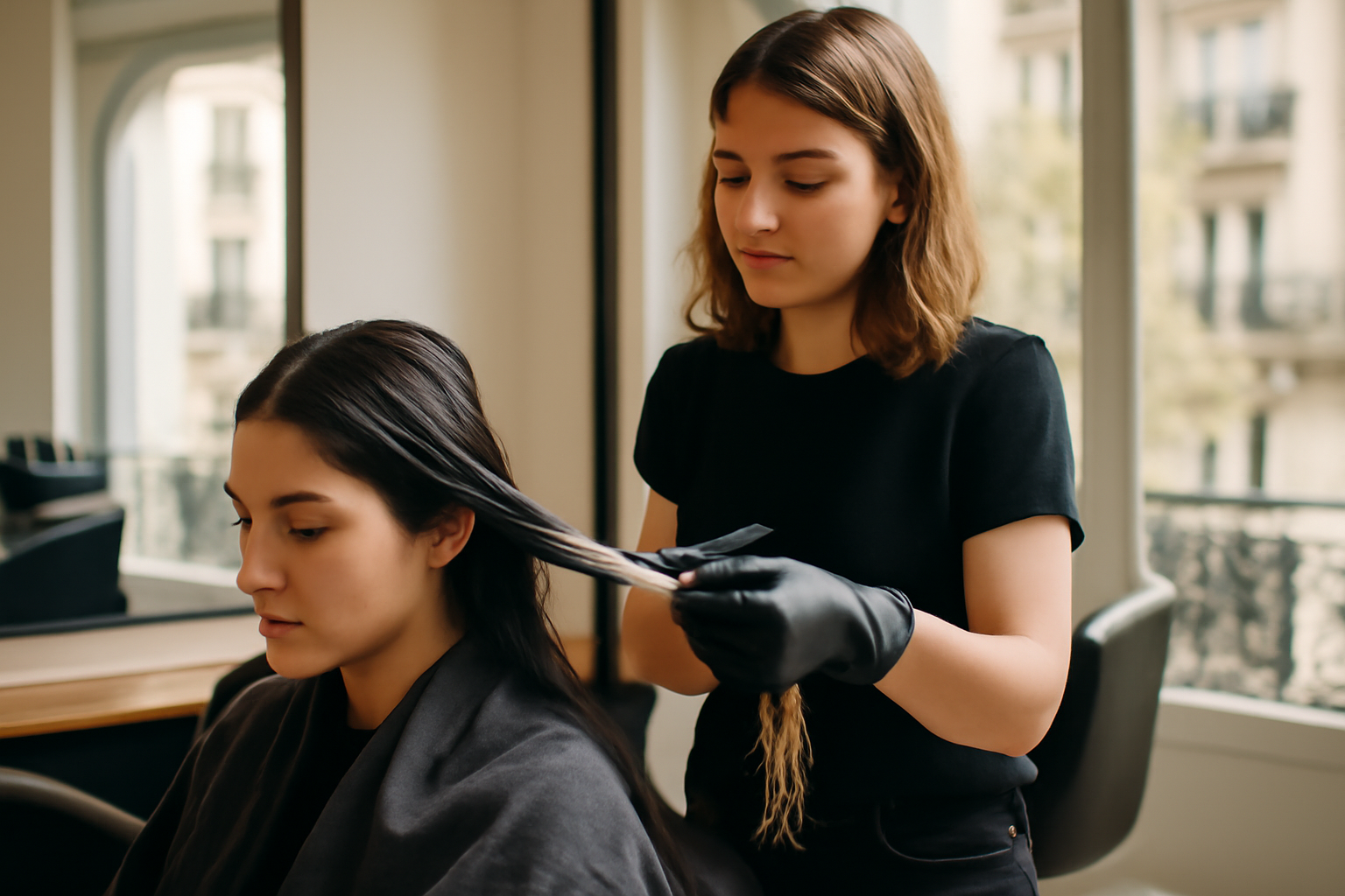 glaçage cheveux brillance sur pointes en salon de coiffure