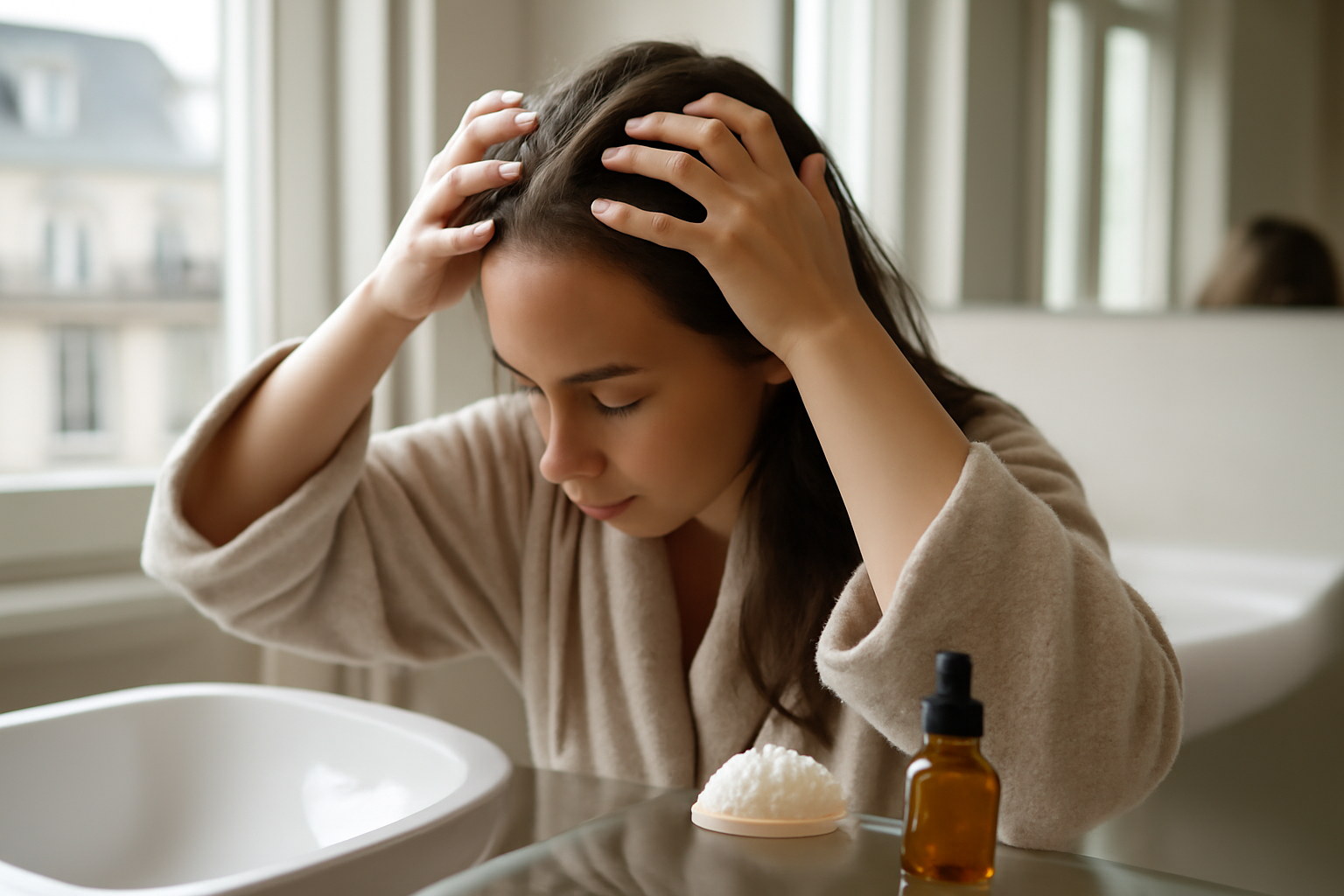 head spa cheveux : massage du cuir chevelu avec huile et brosse souple