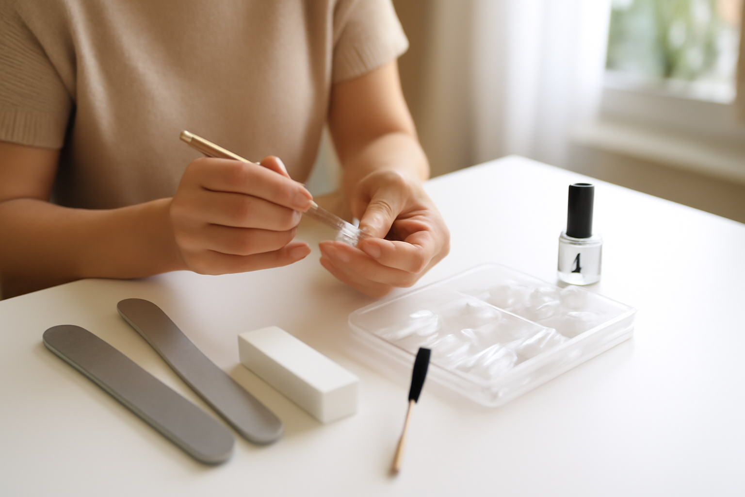 manucure américaine sur table de travail avec kit de manucure, lumière naturelle