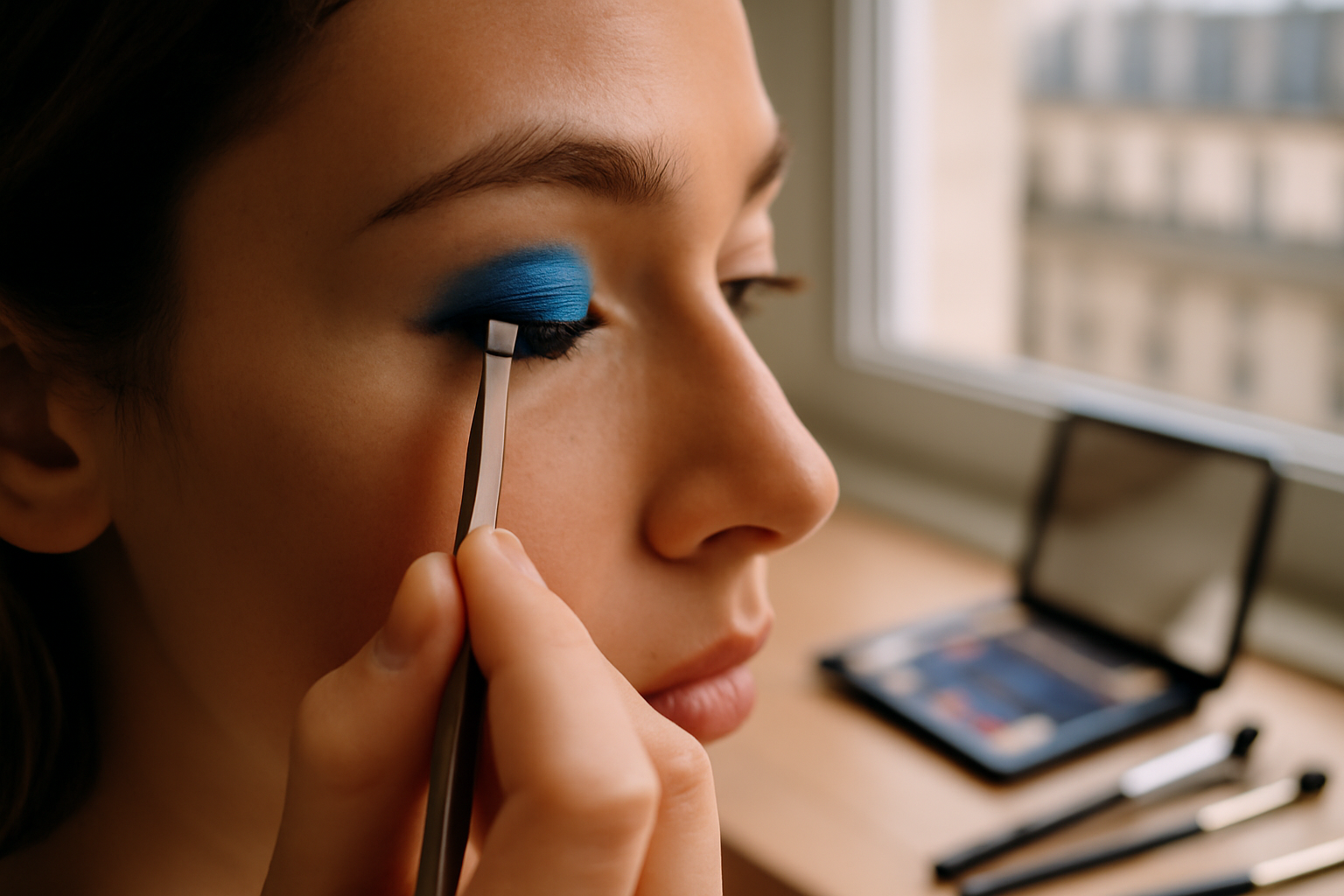 maquillage bleu yeux marron : dégradé bleu sur paupière et eyeliner fin, lumière naturelle
