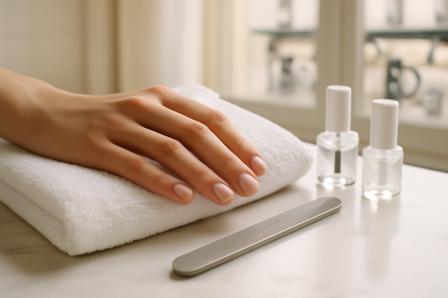 Milk bath nails : manucure blanche laiteuse légèrement trouble sur ongles, lumière naturelle