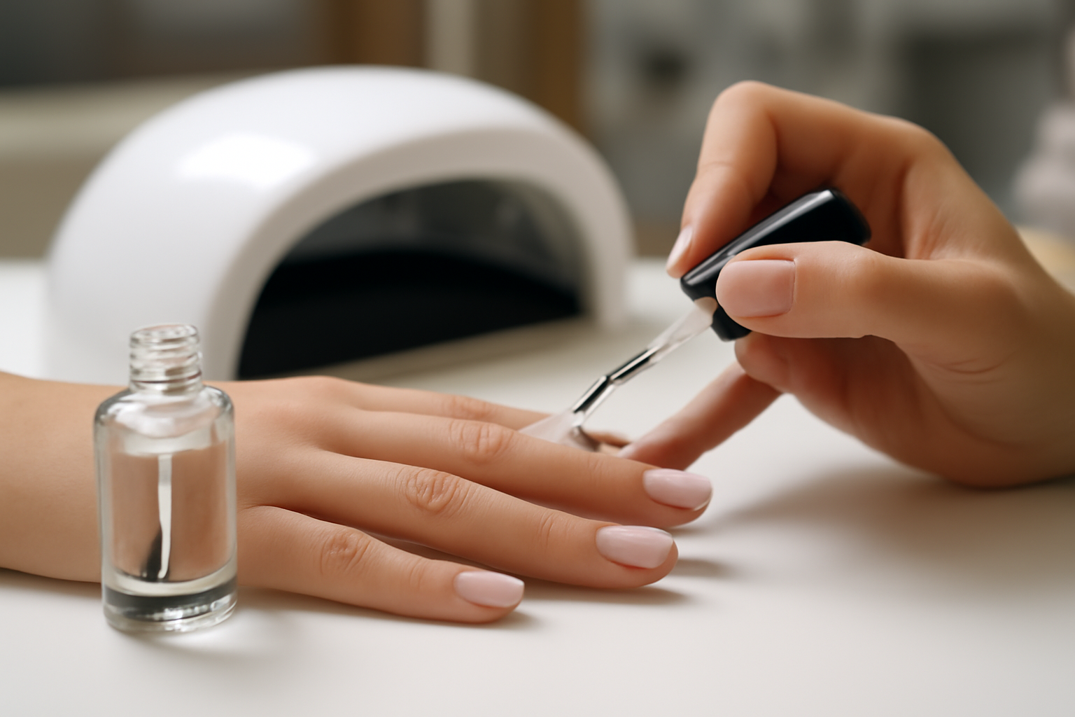 Application du blanc laiteux en couches fines sur ongles pour milk bath nails, main près d’une lampe UV