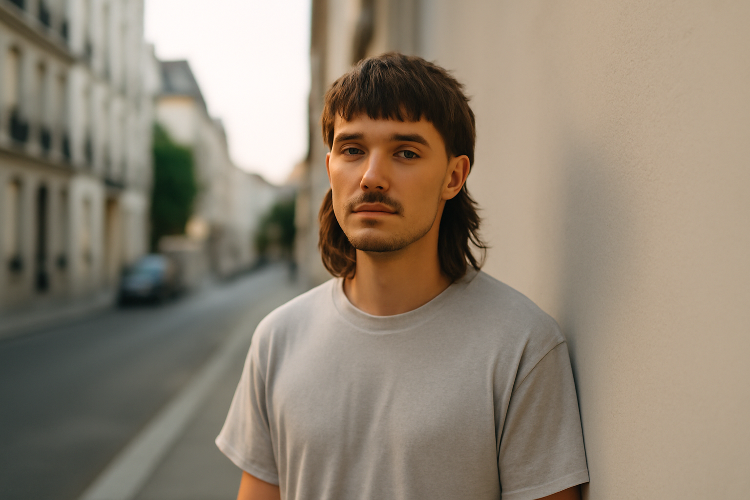 Mullet homme : coupe dégradée moderne sur cheveux coiffés en style naturel, lumière de jour