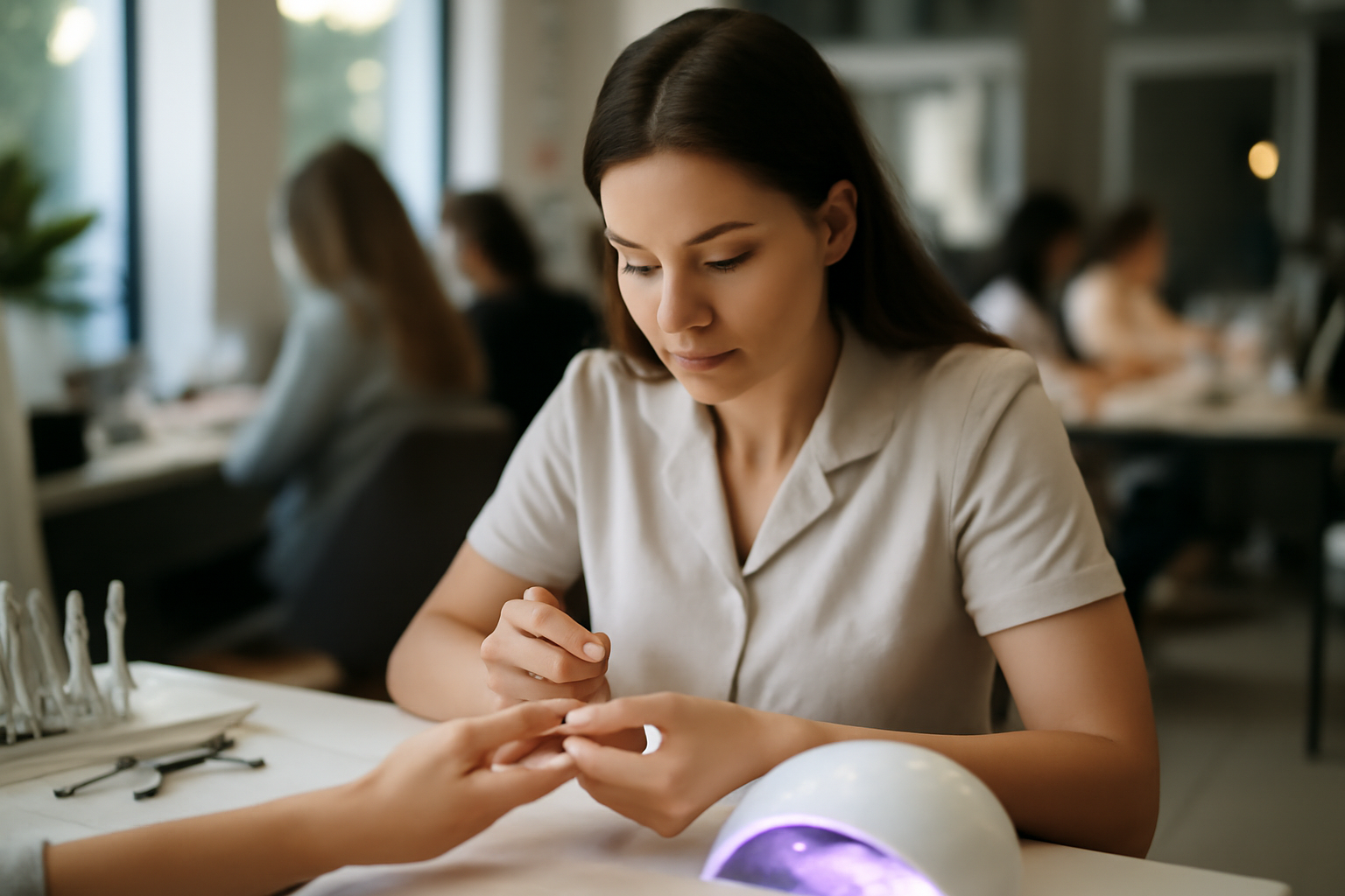 nail artist réalisant une pose de vernis semi-permanent en institut