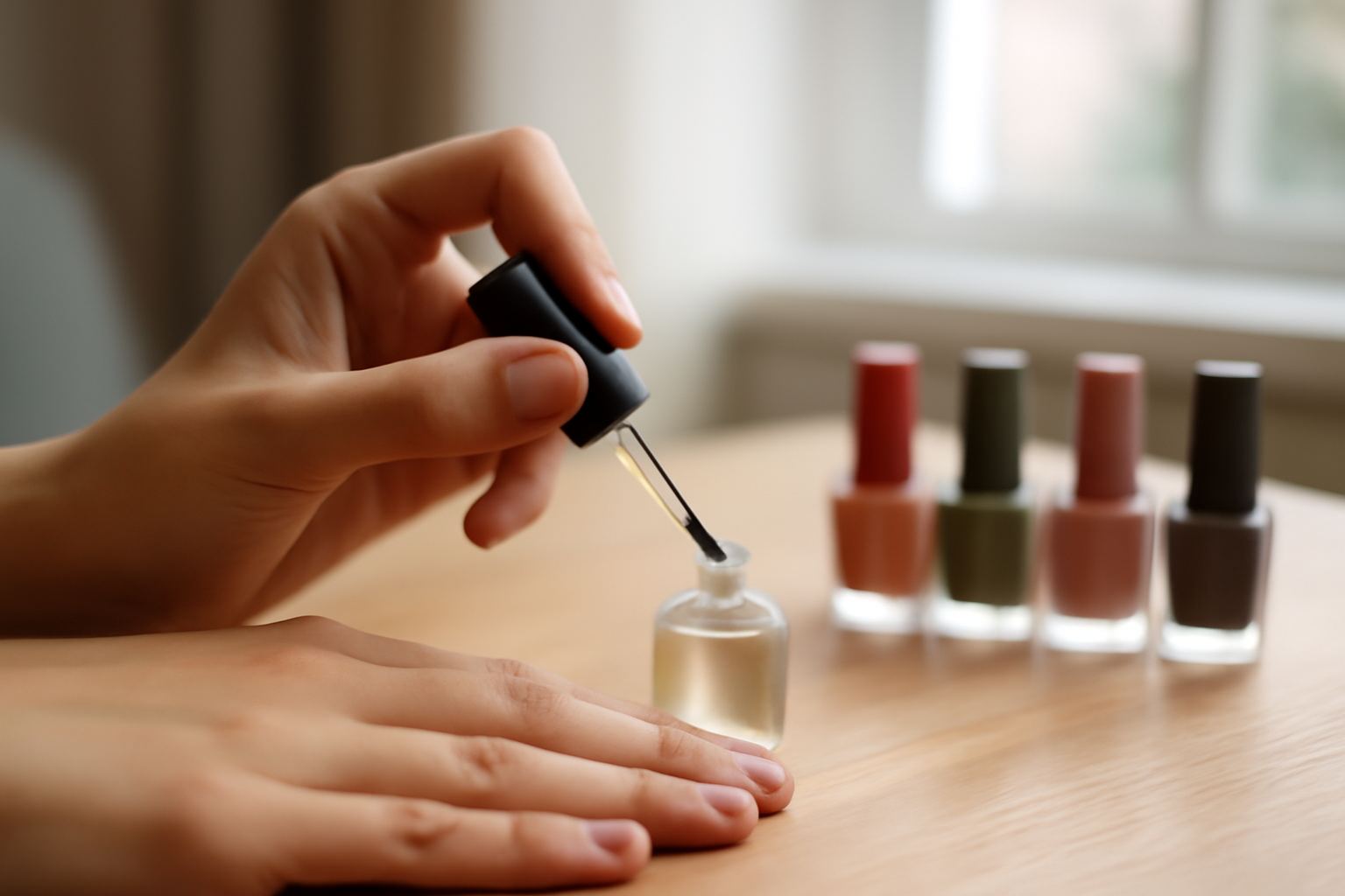 nails inspirations sur table de manucure, mains féminines, lumière naturelle, vernis et base coat