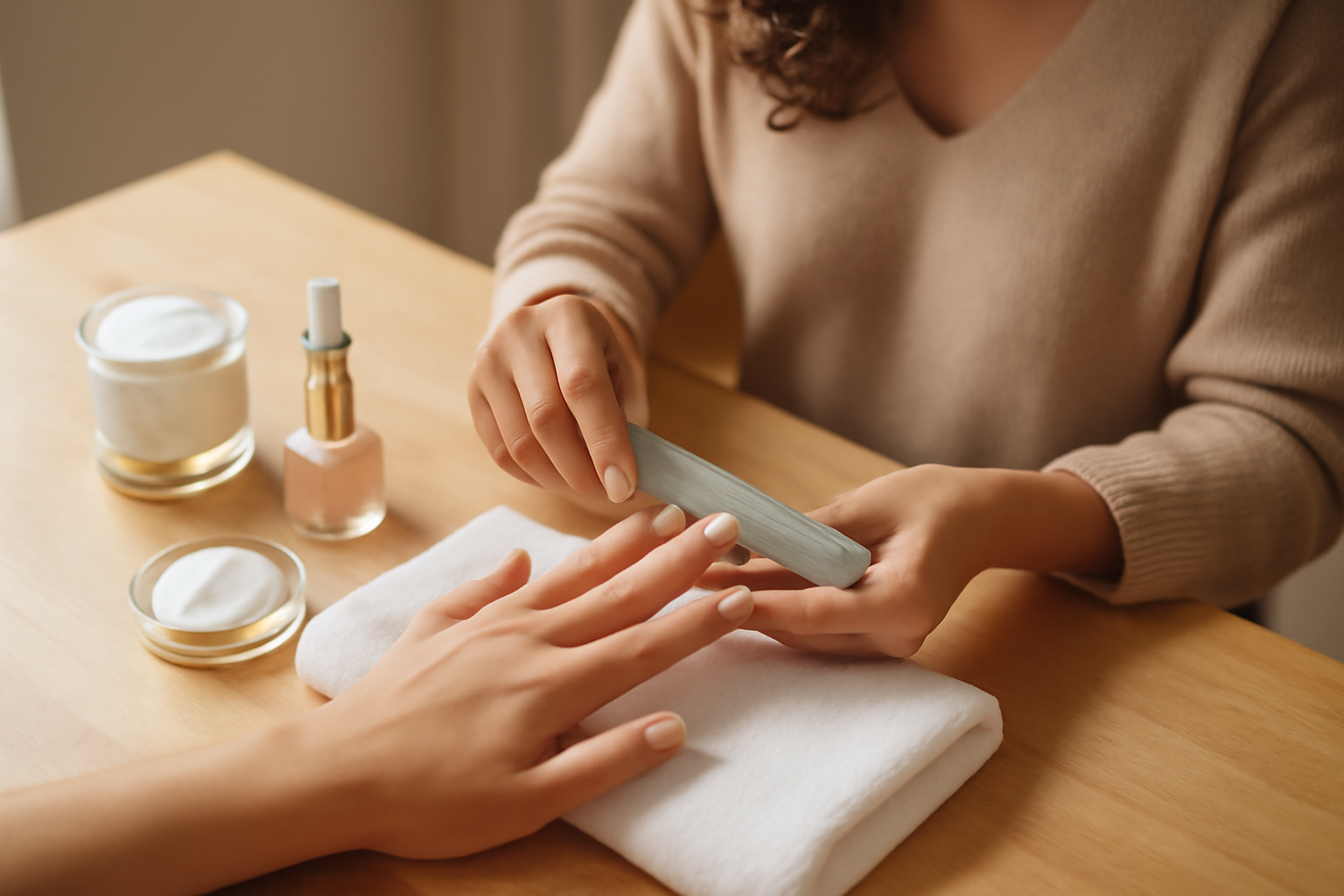 ongle nude simple sur table de manucure, mains soignées, lumière naturelle