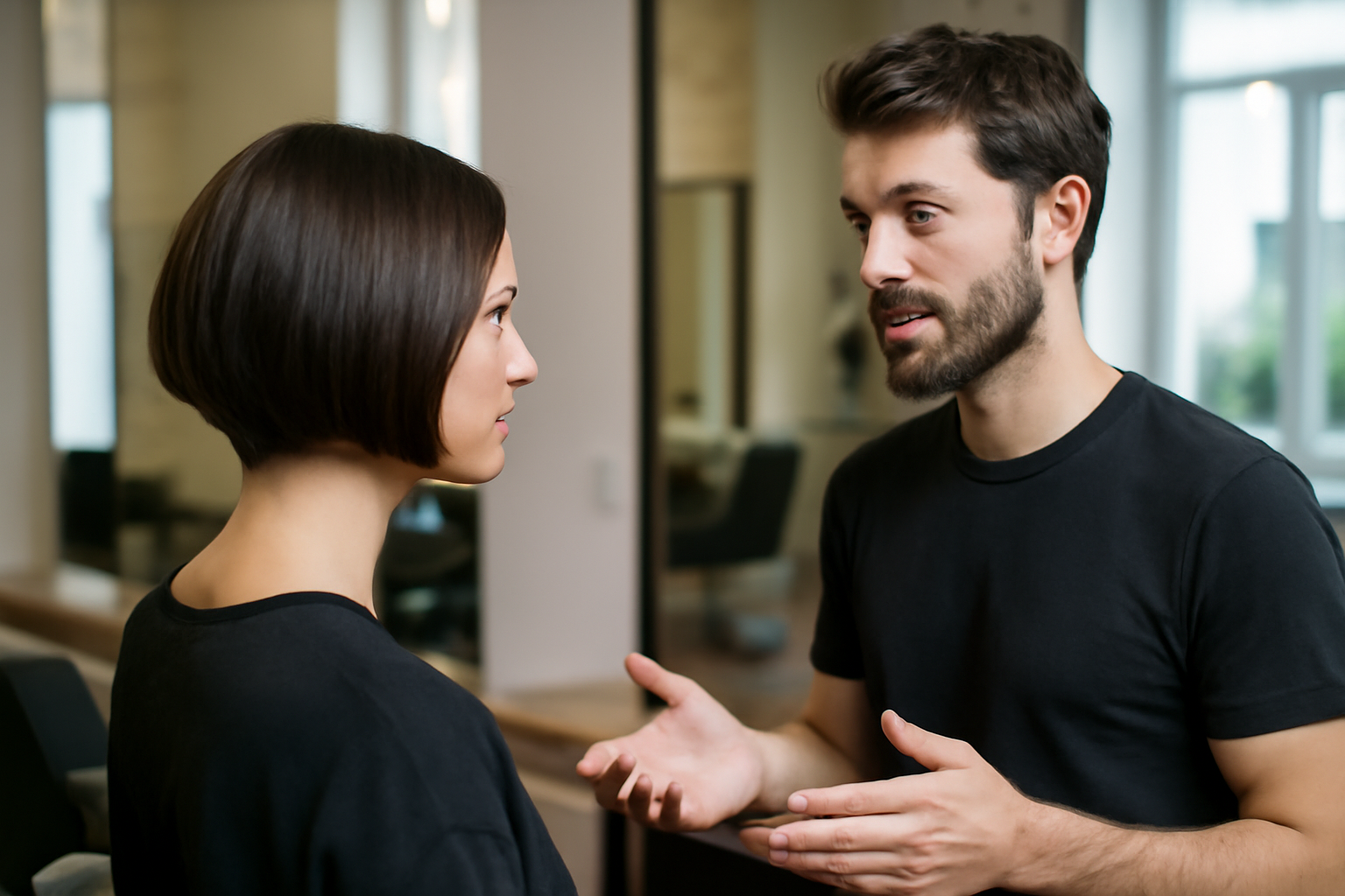 Plongeant carré : coupe féminine moderne, mèches avant plus longues, brushing naturel en lumière douce