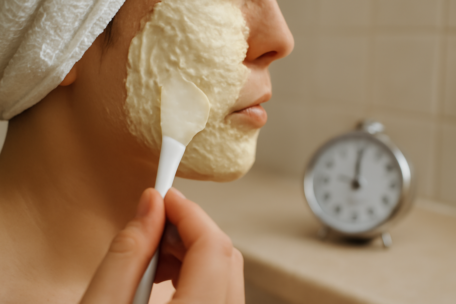 application d’un masque visage maison sur le visage avec une spatule propre, temps de pose 15 minutes