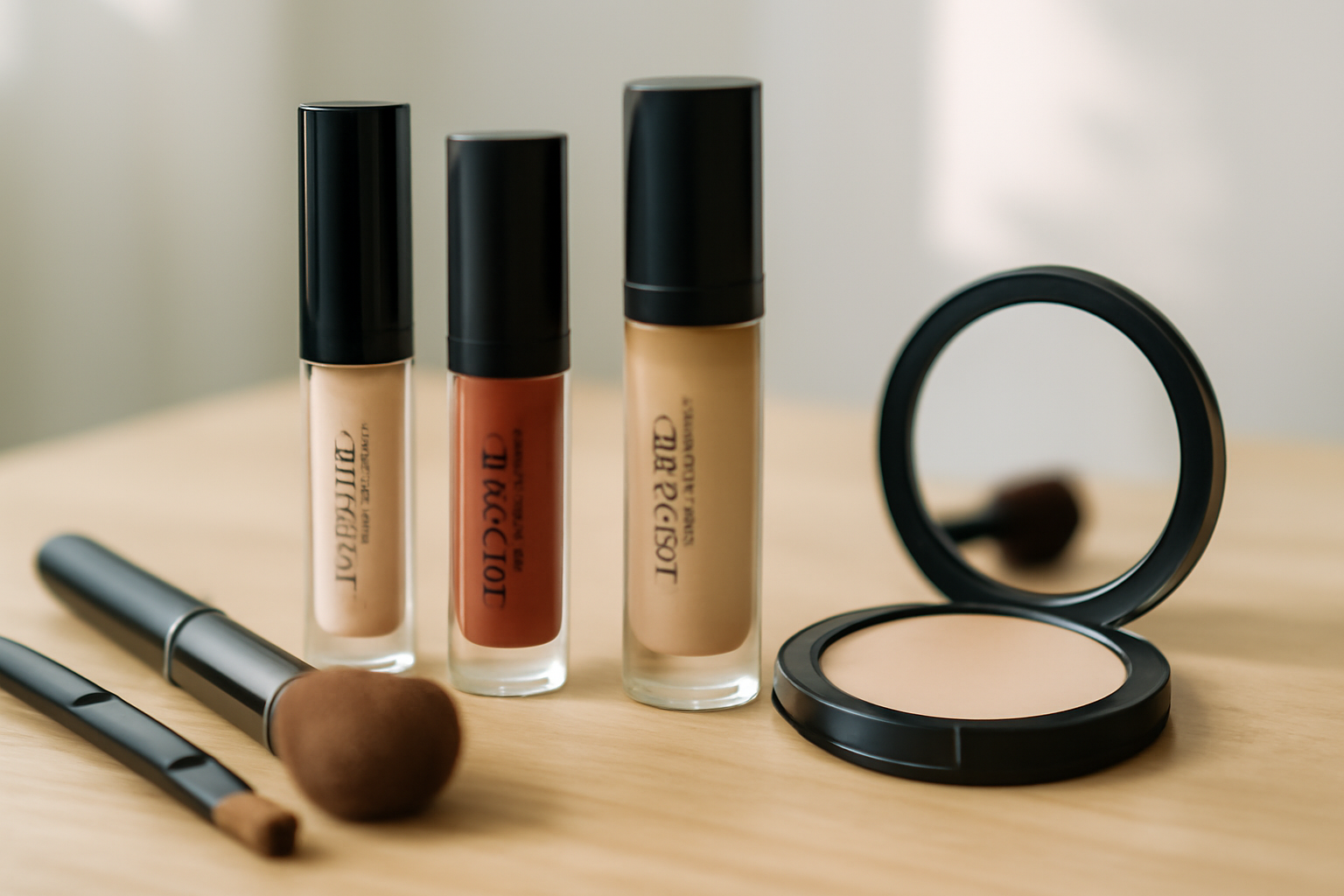 Arcancil maquillage en ligne : teintes yeux lèvres teint sur plateau de cosmétiques