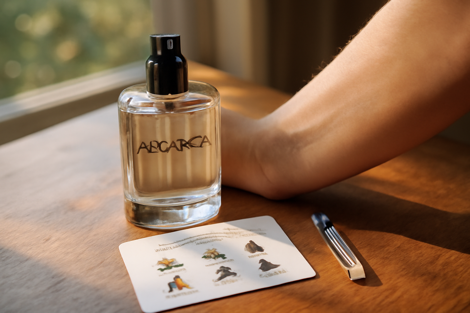 Flacon de parfum Arcancil sur table avec cartes de notes et peau testée
