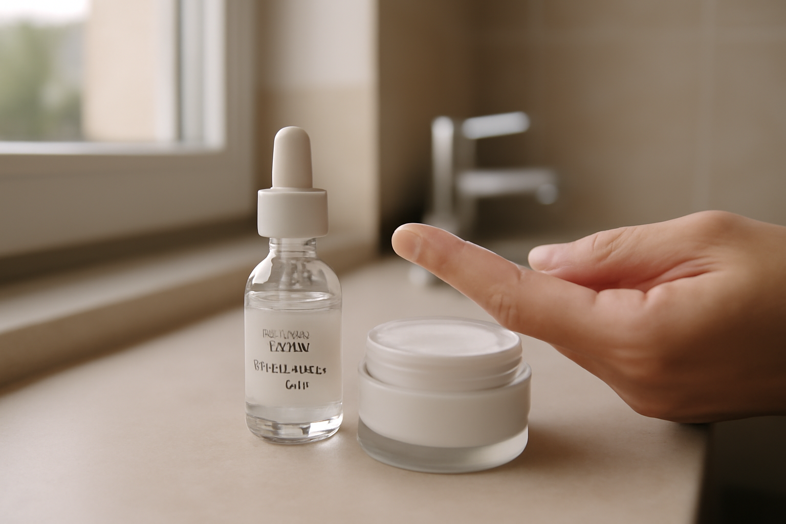 aroma zone acide hyaluronique sérum en flacon sur table de salle de bain, lumière naturelle