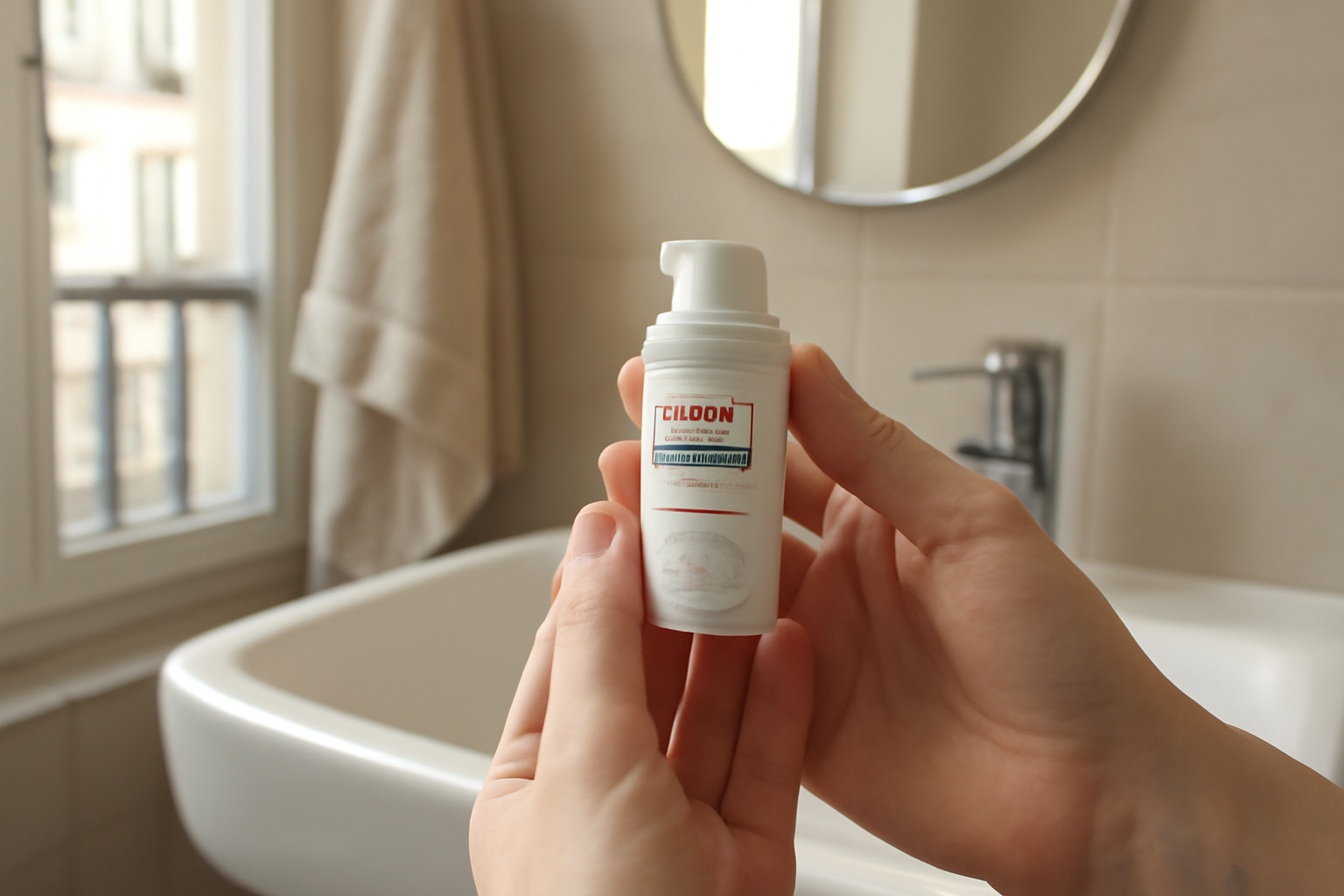 avene cleanance comedomed sur étagère de salle de bain, peau nette et bouteille Avène, lumière naturelle