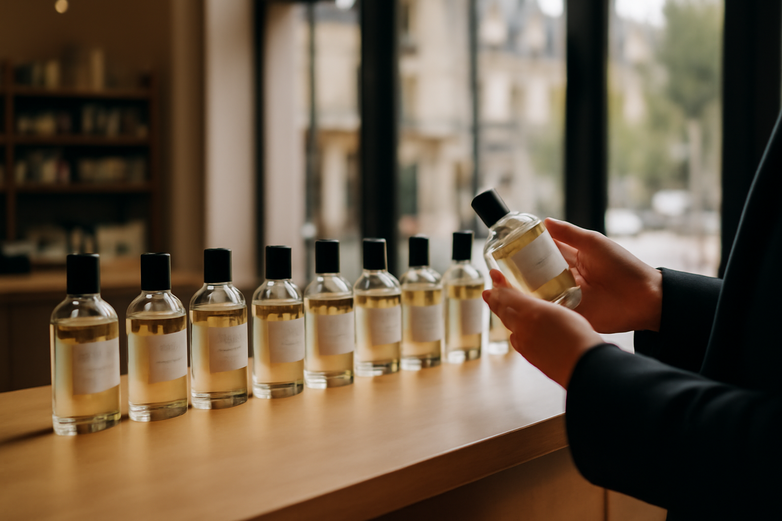 Flacon de parfum BDK sur un comptoir en boutique parisienne, lumière naturelle