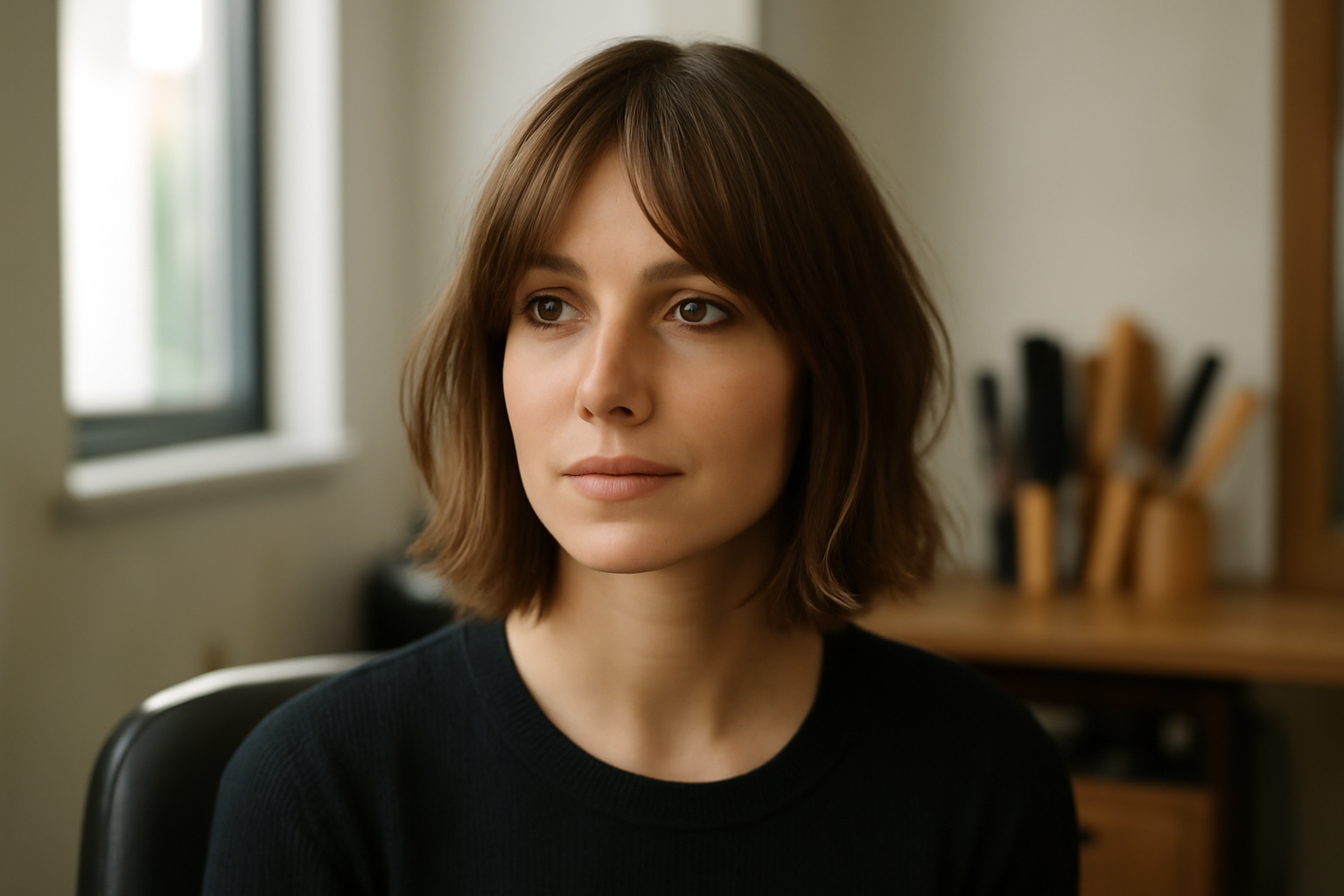 Carré dégradé femme court avec frange rideau, texture naturelle et volume léger