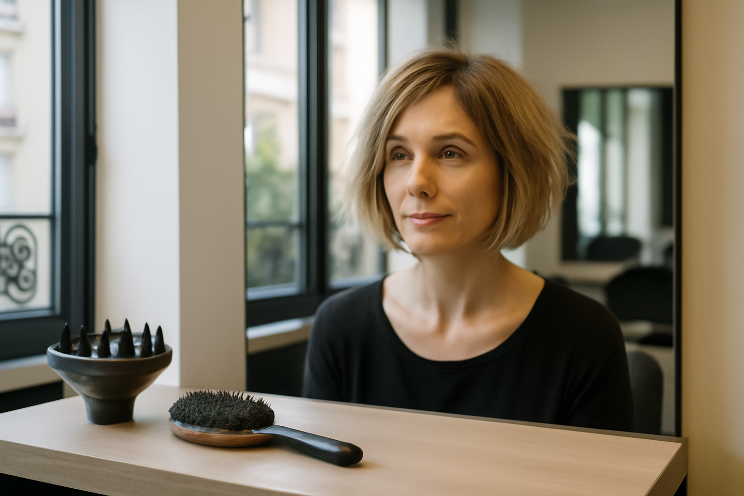 Carré destructuré cheveux fins : photo réaliste d’une coupe avec volume à la racine, lumière naturelle