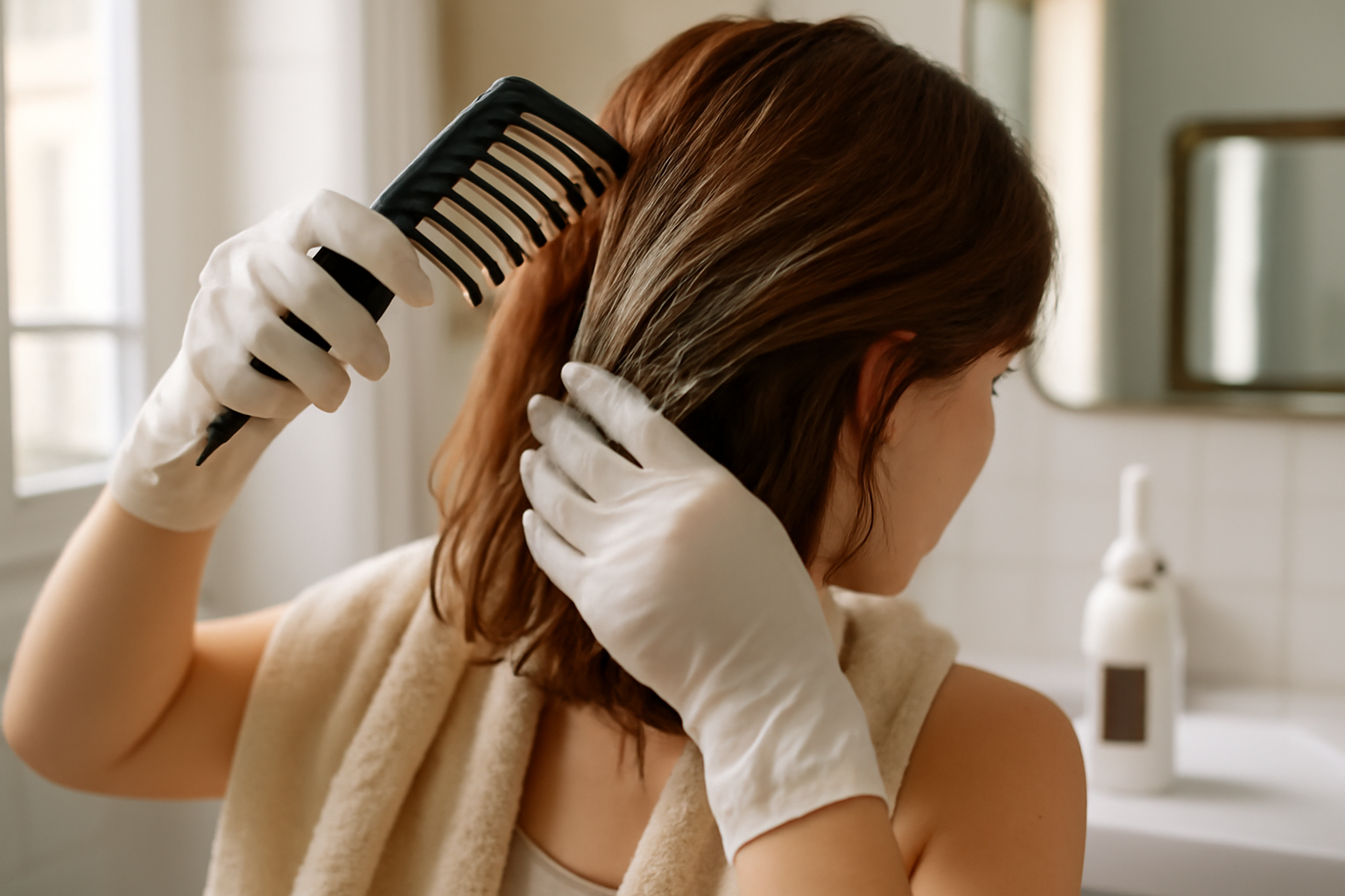 casting creme gloss sur cheveux châtain avec reflets brillants, application en salle de bain