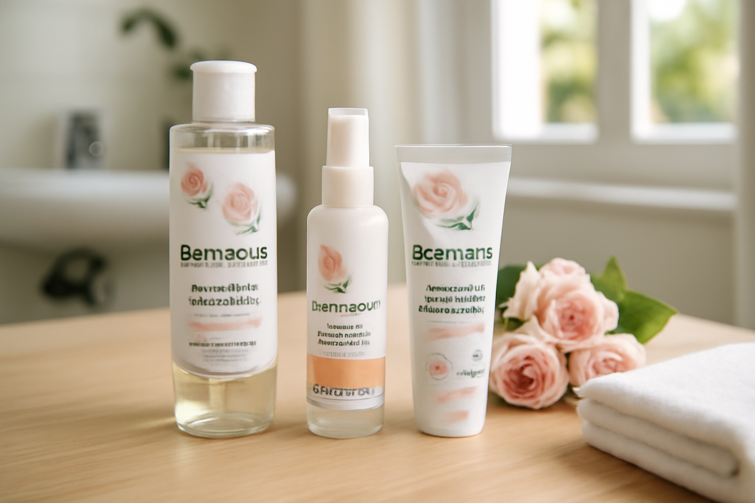 Flacons de cosmétiques bio Centifolia sur une table en bois, étiquettes visibles, lumière naturelle