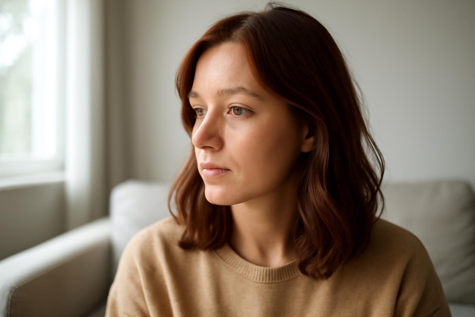 Cheveux auburn avec reflets acajou à la lumière naturelle, près d’une fenêtre