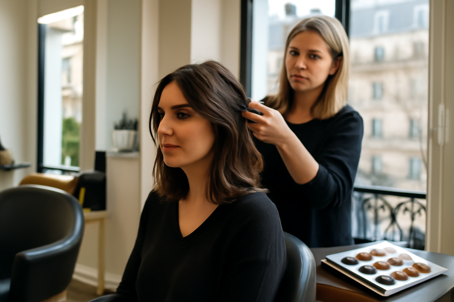 Cheveux bruns avec reflets chocolat et caramel en lumière naturelle