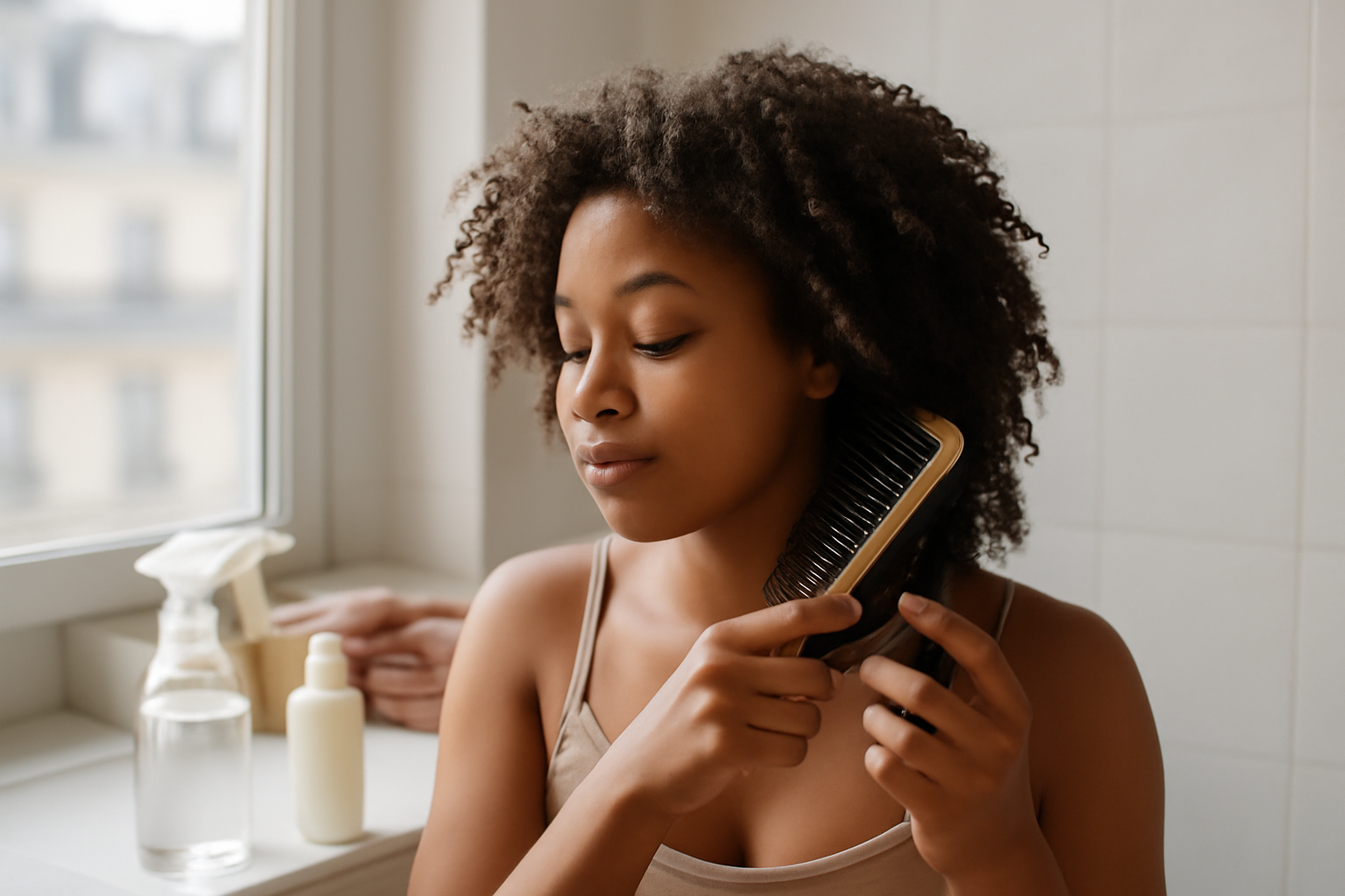 Cheveux crepu avec définition en spirales, peigne à dents larges et spray d’eau sur table de salle de bain