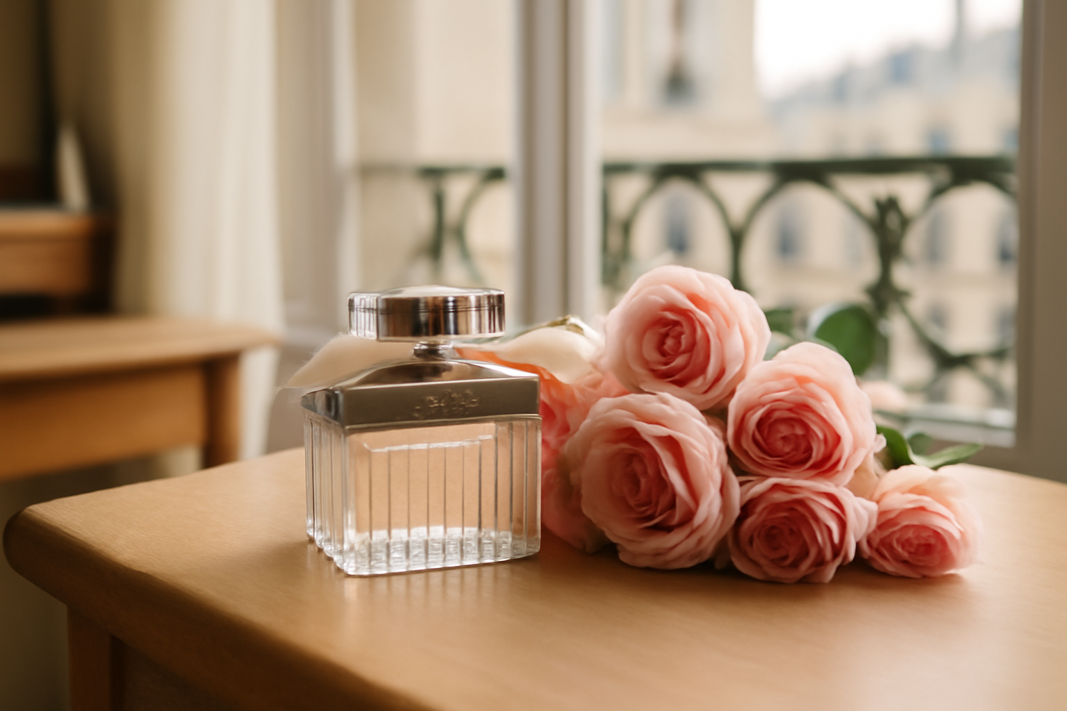 chloe scent sur flacon élégant, lumière naturelle, table de coiffeuse