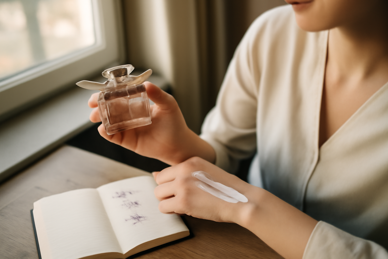 test de parfum chloe scent sur peau au poignet, carnet de notes, lumière de journée