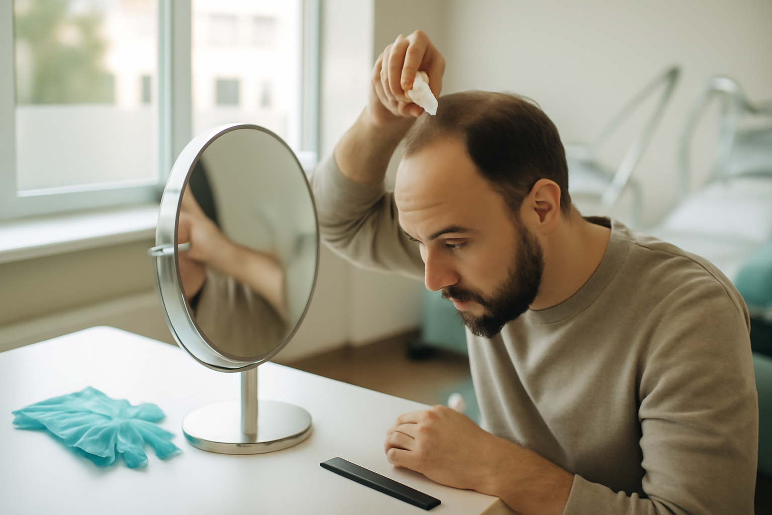 Cuir chevelu et application topique pour la calvitie, ambiance médicale en lumière naturelle