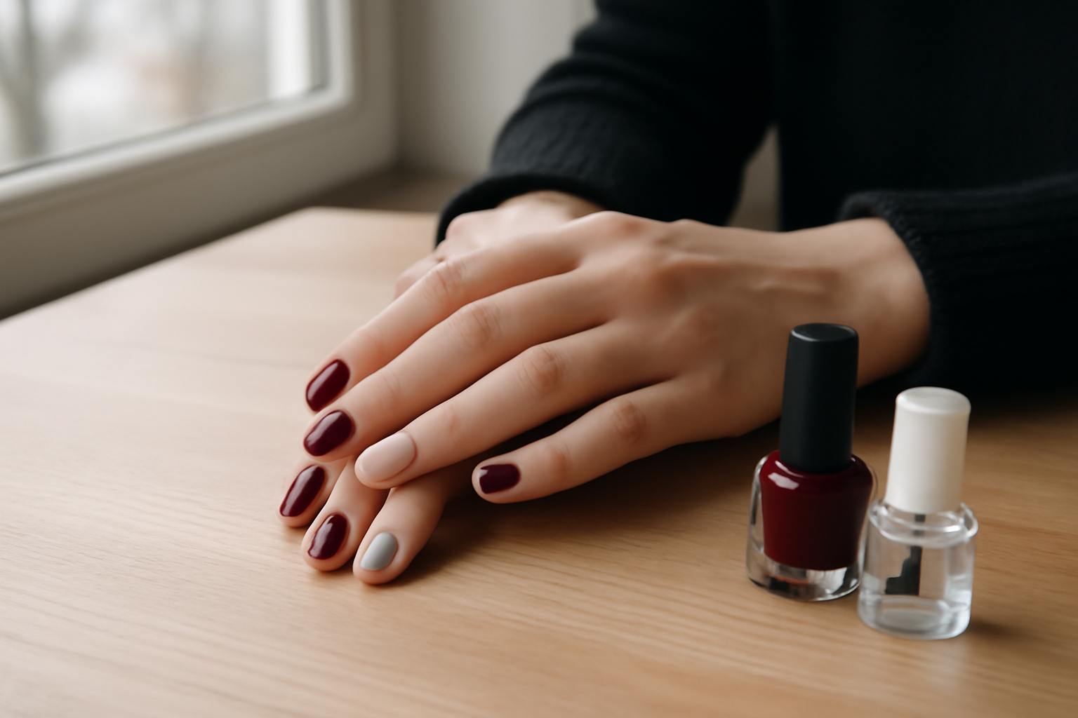Manucure hiver 2025 : bordeaux profond et milky givré sur ongles
