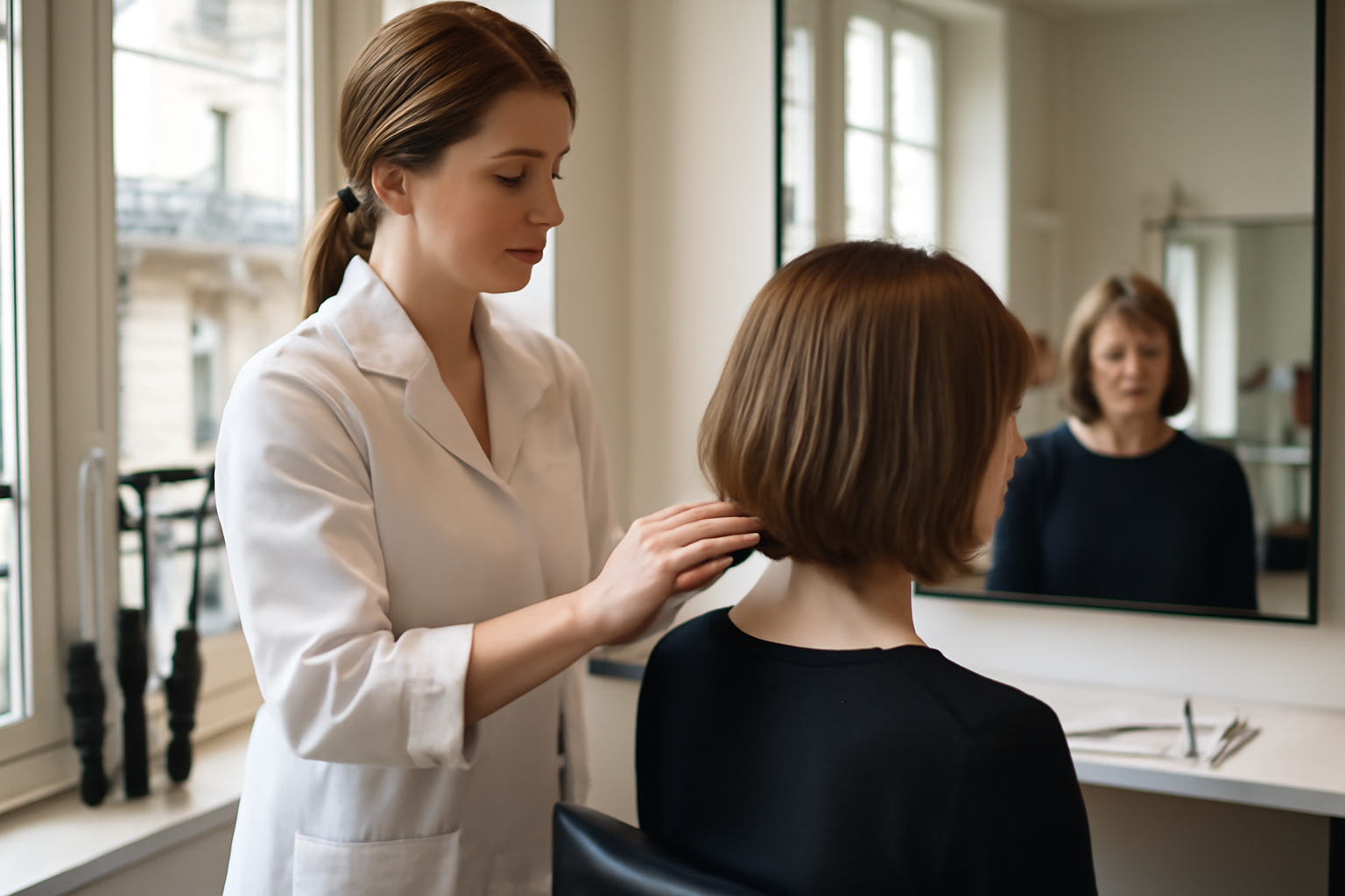Coupe carré dégradé mi-long avec frange rideau, vue de profil, lumière naturelle