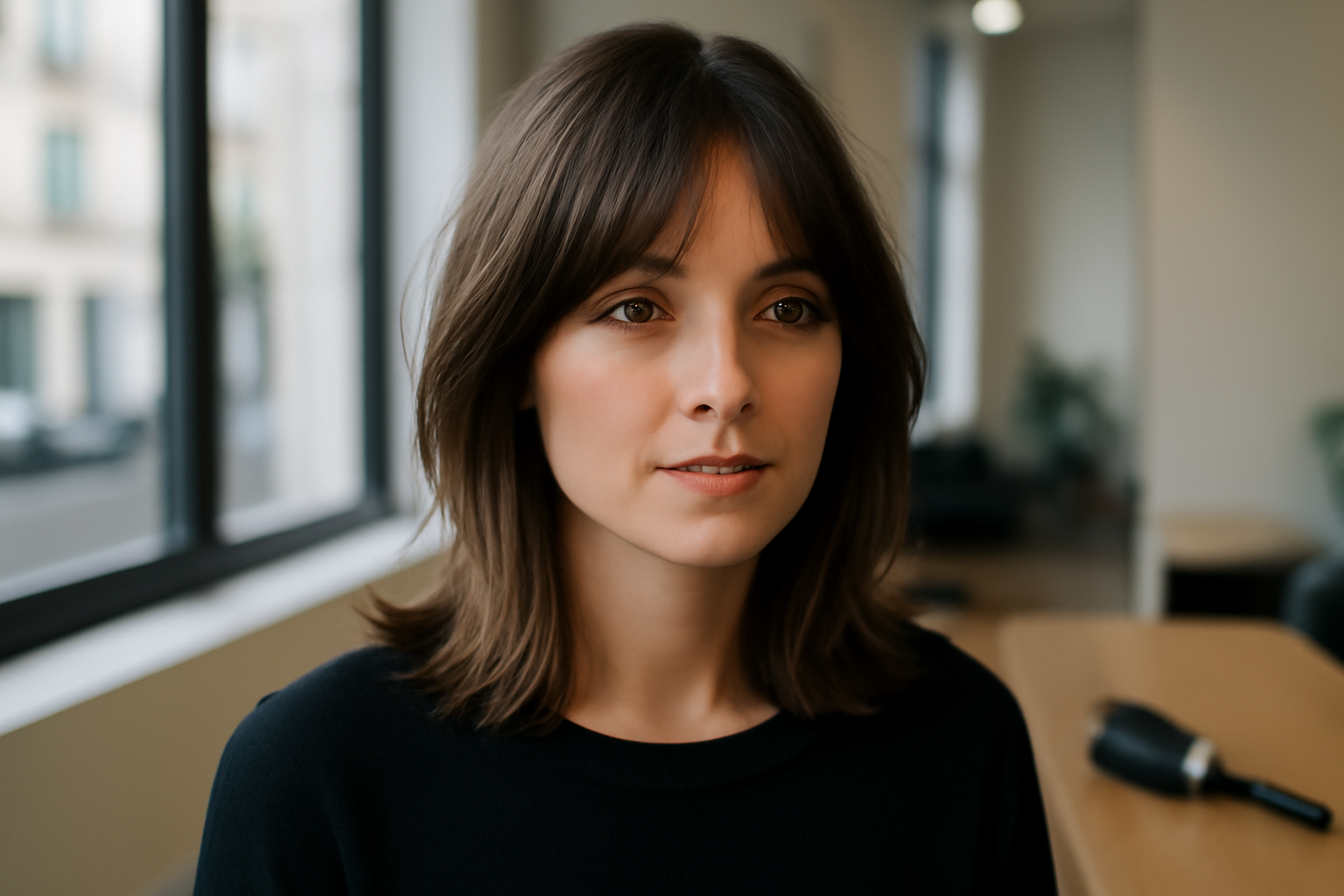 coupe de cheveux mi long dégradé avec frange rideau encadrant le visage, photo en lumière naturelle
