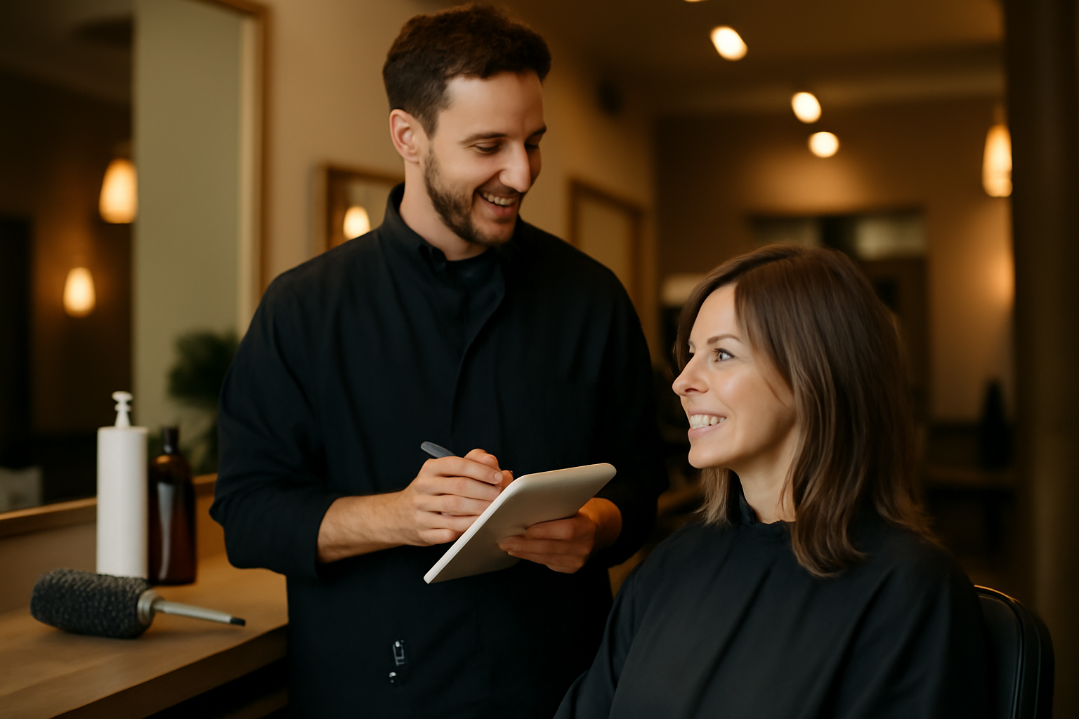 coiffeur prenant des notes pour une coupe de cheveux mi long dégradé avec feather et frange rideau, photo réaliste en salon