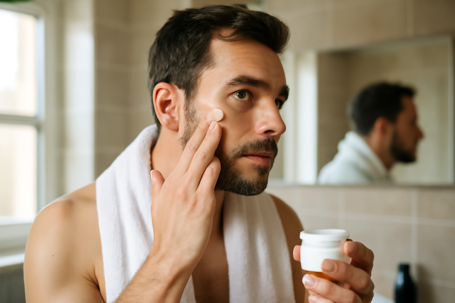 Crème visage homme hydratante appliquée sur le visage d’un homme, lumière naturelle