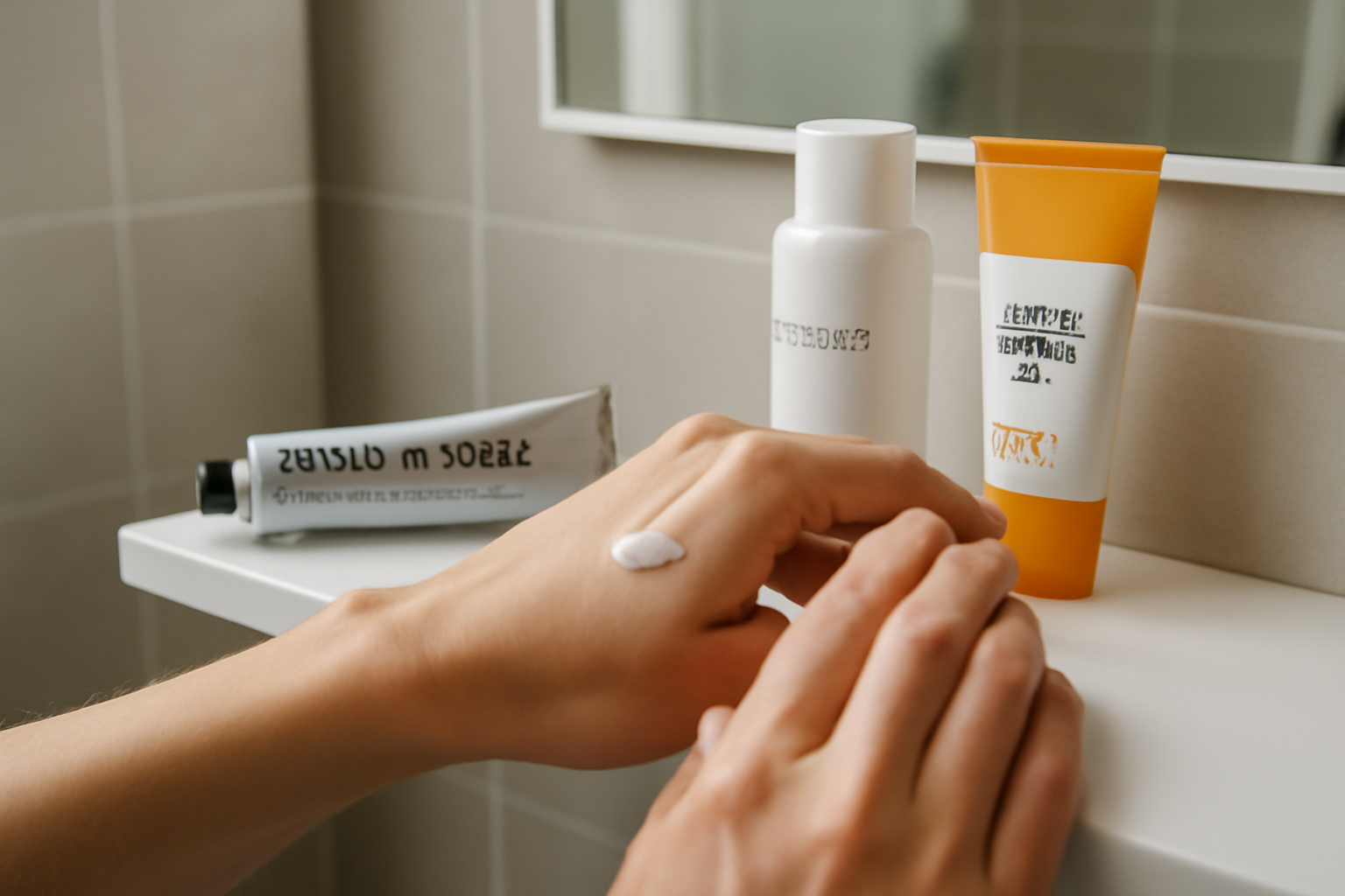 Effederm crème 0,05 % (trétinoïne) sur une étagère de pharmacie, tube aluminium et flacon d’hydratant à côté, lumière naturelle