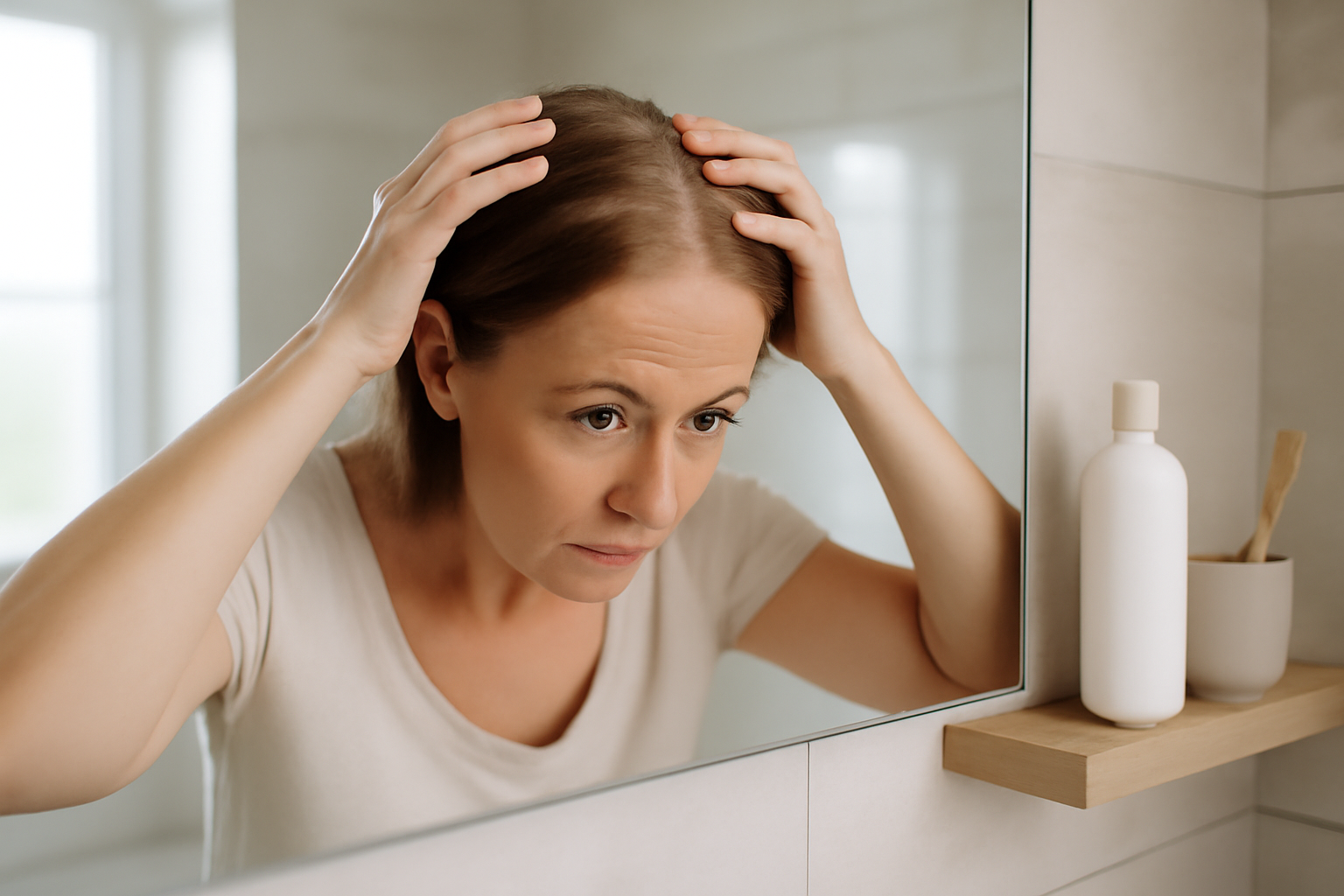 Femme perte de cheveux : observation du cuir chevelu et de la raie sur fond de salle de bain lumineuse