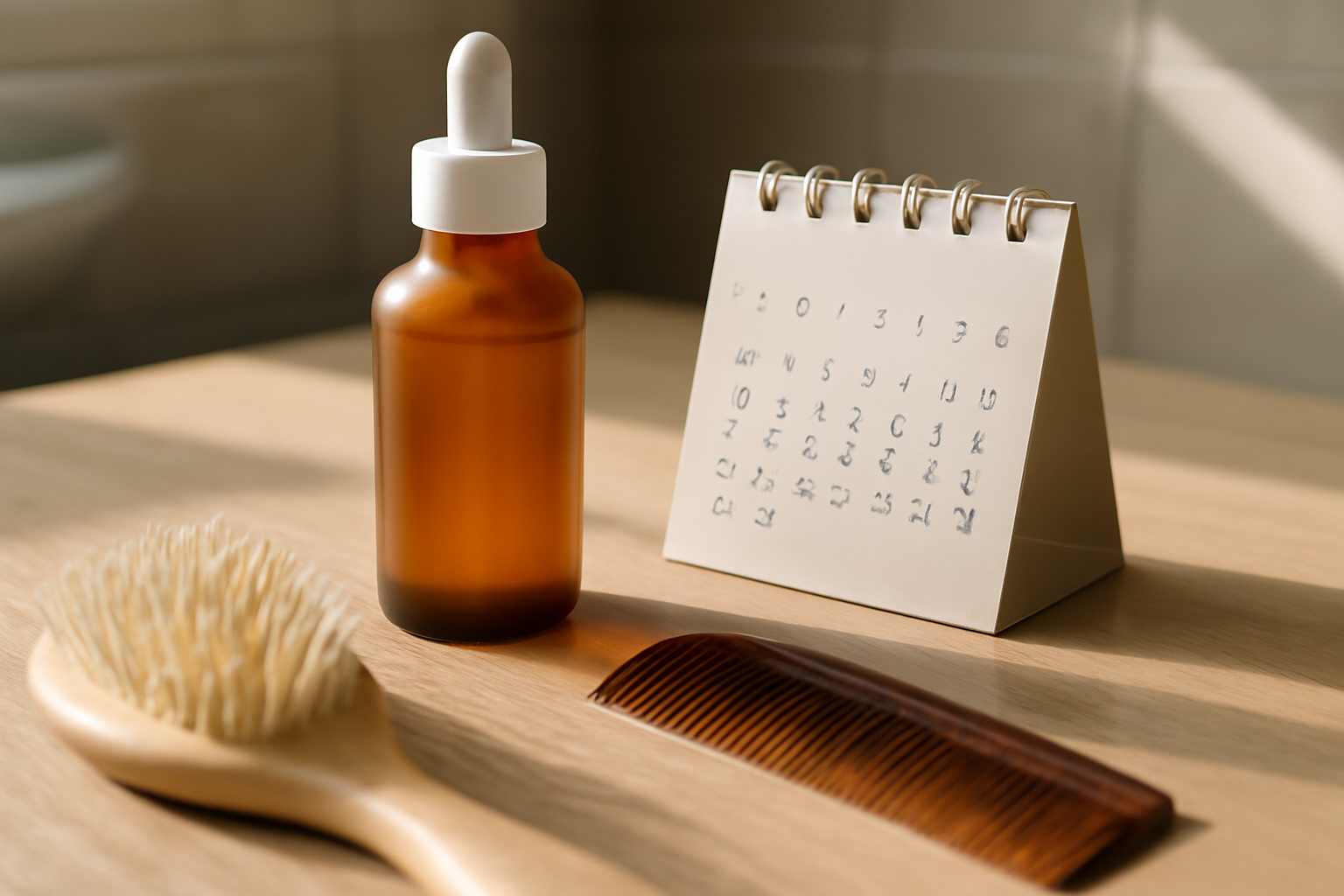 Minoxidil et repousse : flacon de soin capillaire et calendrier de suivi sur table de salle de bain