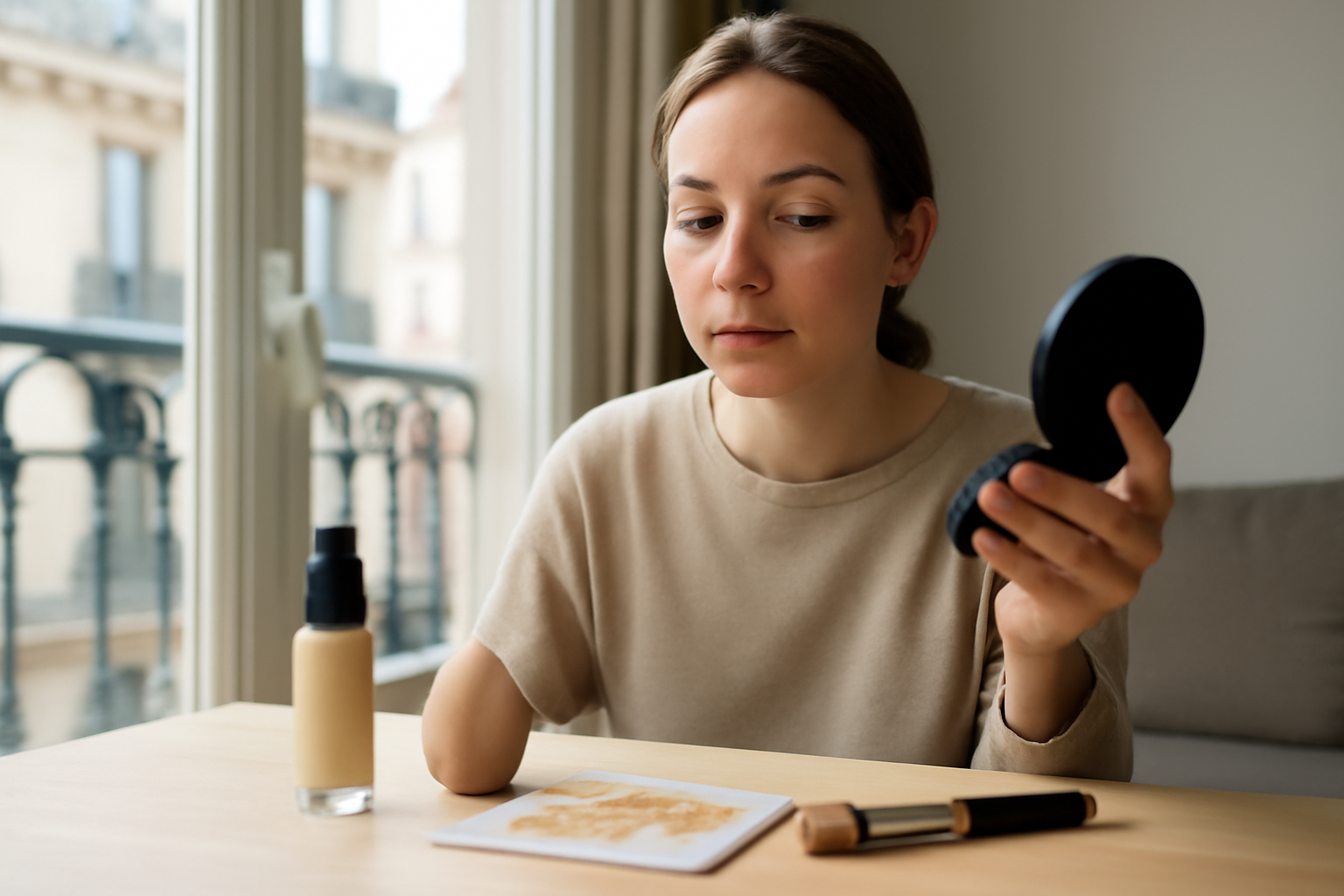 Fond de teint couvrant sur peau naturelle, lumière du jour, application en couches fines