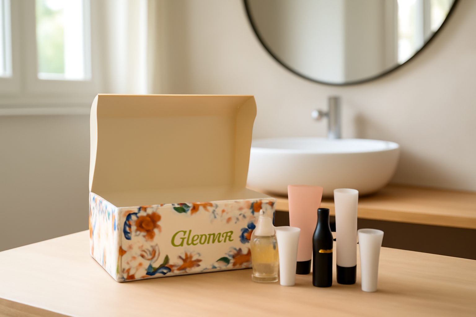 Box beauté Glowria posée sur une table près d’une salle de bain, lumière naturelle