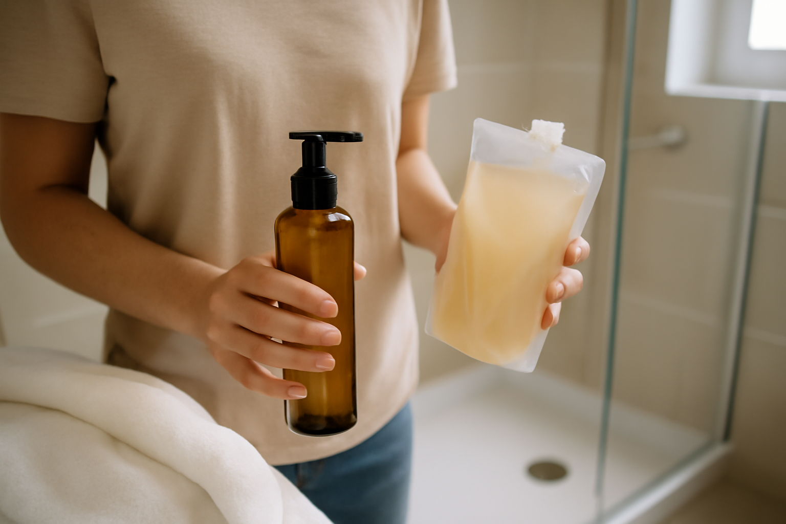 huile lavante en flacon et recharge sous la douche, peau propre et confortable